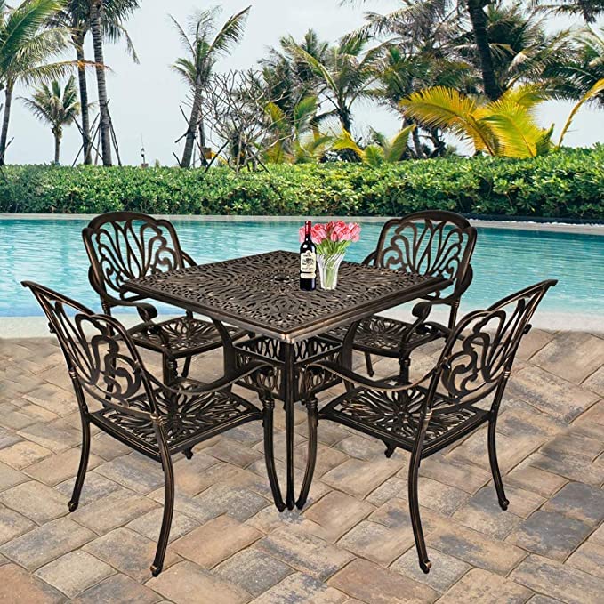 Grepatio 35.4 Inch Square Cast Aluminum Outdoor Dining Table with Umbrella Hole - Compact Bistro Table for Patio, Garden, Deck or Balcony - Antique Bronze Finish Conversation Table for Small Spaces