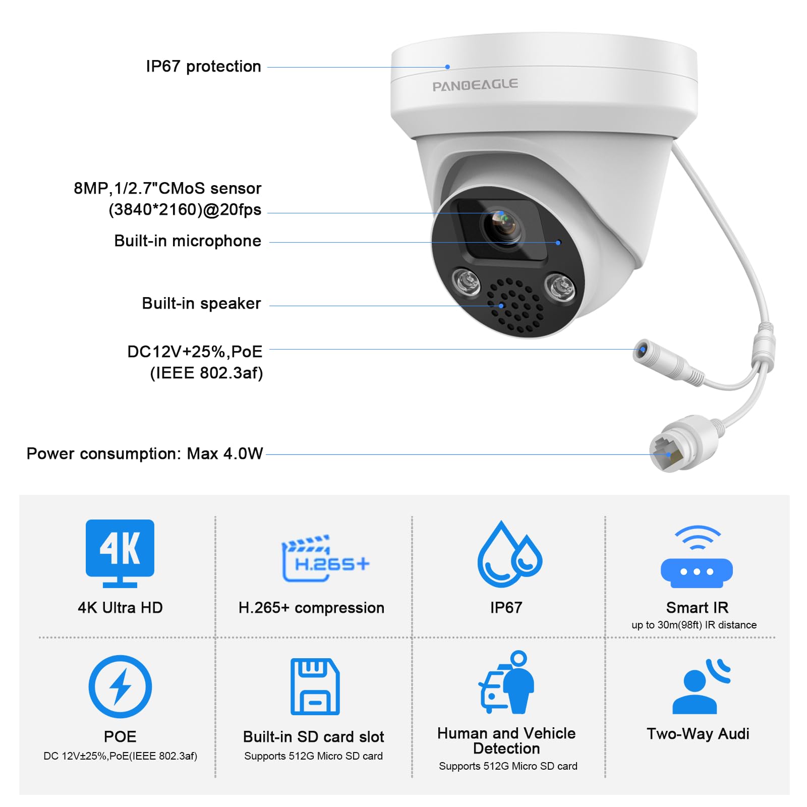8MP PoE IP Security Camera, 4K Outdoor Turret Surveillance Camera with 2.8mm Lens - Compatible with Hikvision, Two-Way Audio, Human/Vehicle Detection, EXIR 2.0 Night Vision up to 98ft, IP67 Waterproof, MicroSD Slot (Supports 512GB) - Ideal for Home Security, Business Monitoring, and Property Protection