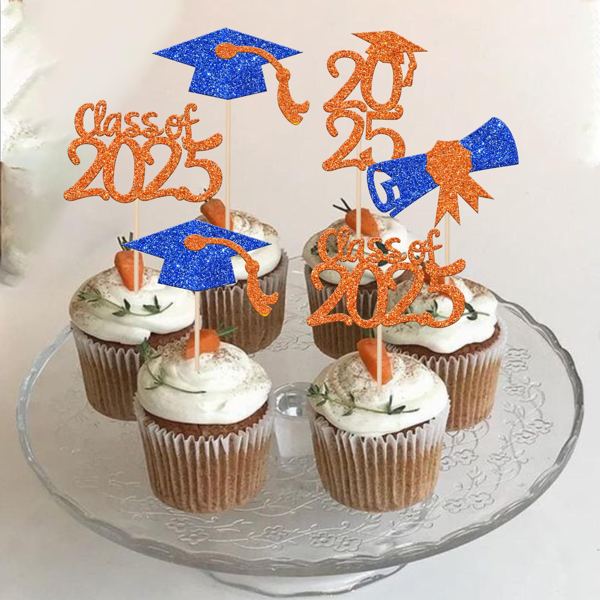 36 PCS 2025 Graduation Cupcake Toppers - Glitter Class of 2025 Cake Decorations with Diploma & Grad Cap - Blue & Orange Party Supplies for Graduation Ceremony, School Celebration & Dessert Table Decor