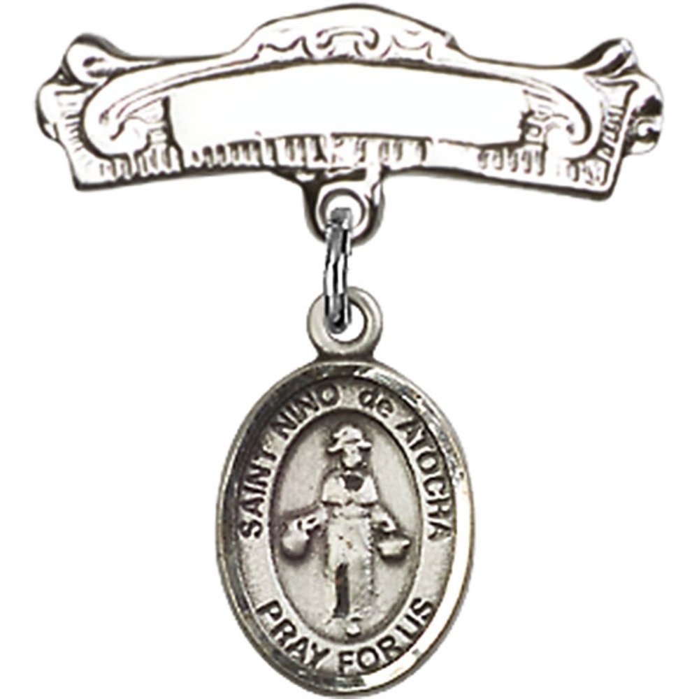 Sterling Silver Baby Badge with St. Nino de Atocha Charm - 7/8 X 7/8 Inch Arched Polished Pin - Religious Jewelry Gift for Baptism, First Communion & Baby Blessing - Perfect for Special Occasions & Everyday Wear