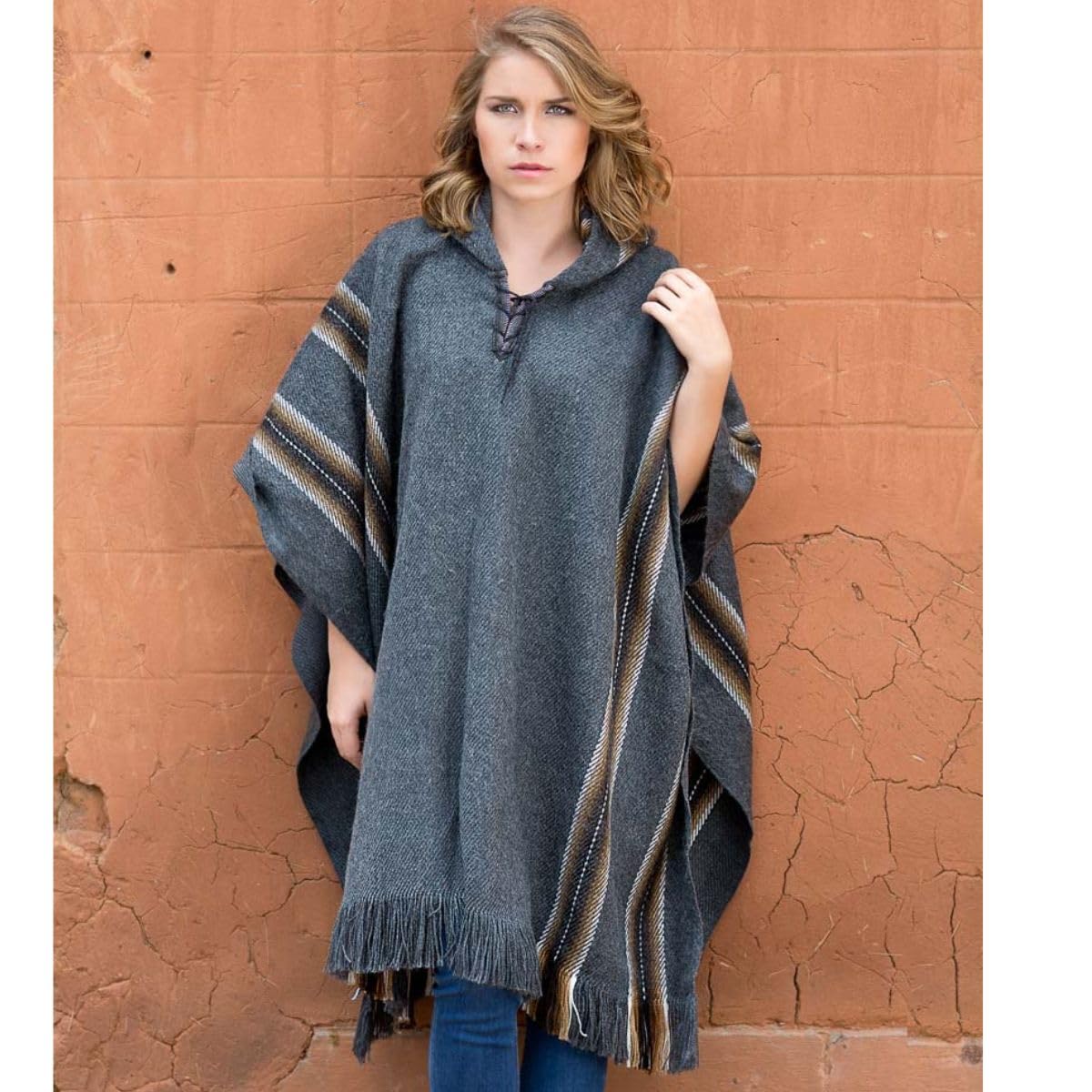 Genuine Alpaca Poncho for Women - Soft Knitted Wrap Cape Shawl - Dark Gray One Size - Perfect for Fall Winter Fashion, Travel & Outdoor Activities