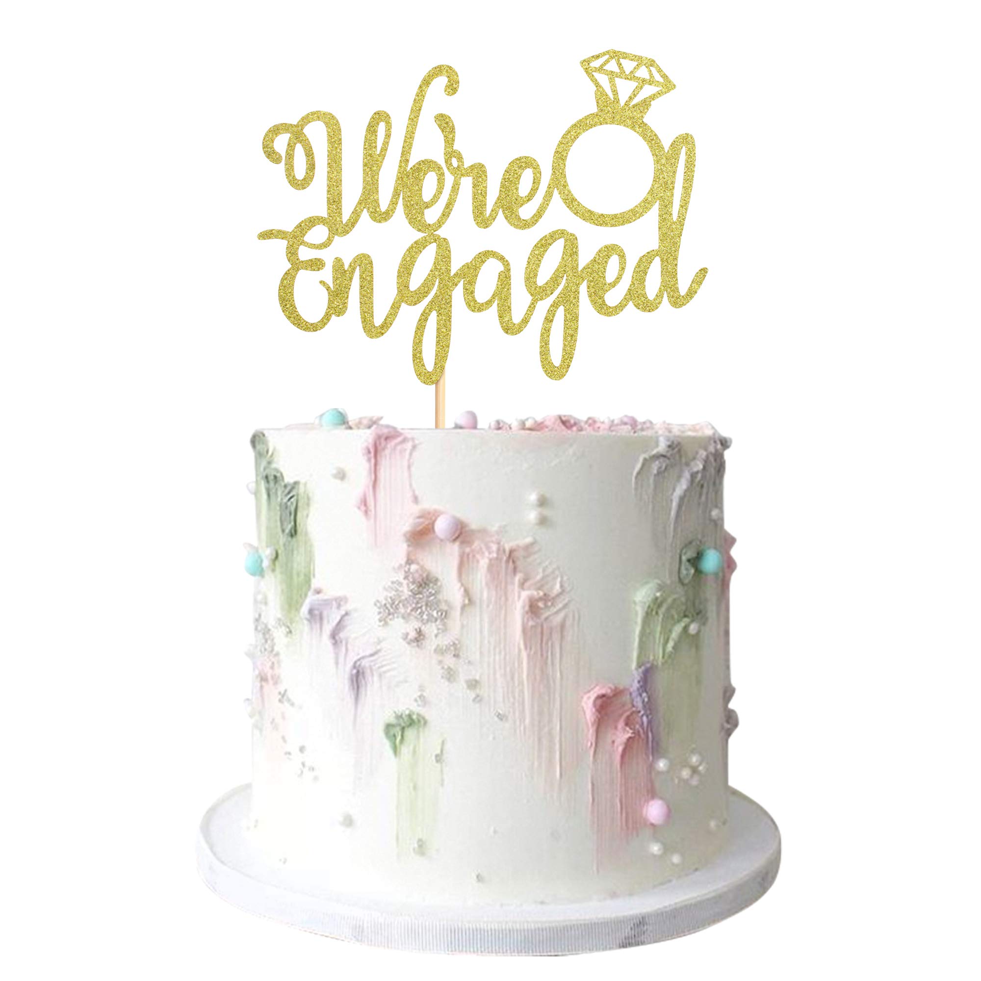 Ercadio Gold Glitter 'We're Engaged' Cake Topper - Wedding Engagement Cake Decor for Bridal Shower, Bachelorette Party & Anniversary Celebrations