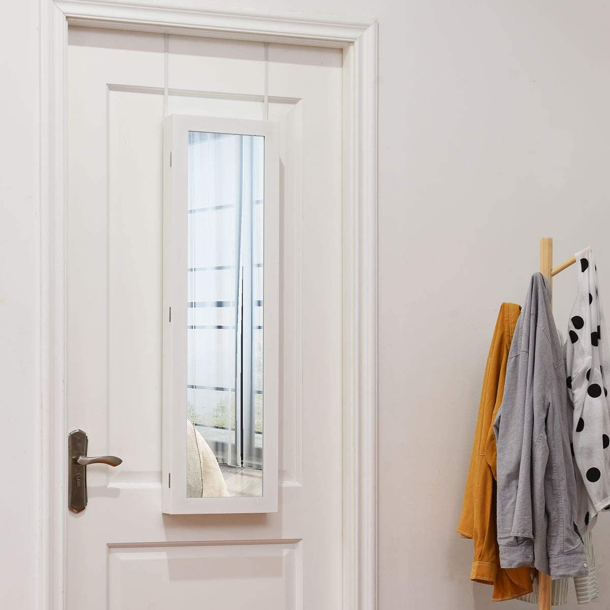 Wall Mount Jewelry Armoire with Full-Length Mirror & Makeup Mirror - Wooden Hanging Jewelry Organizer with 3 Shelves, 25 Hooks, Ring & Earring Slots - Perfect for Bedroom, Closet & Dressing Room (White)