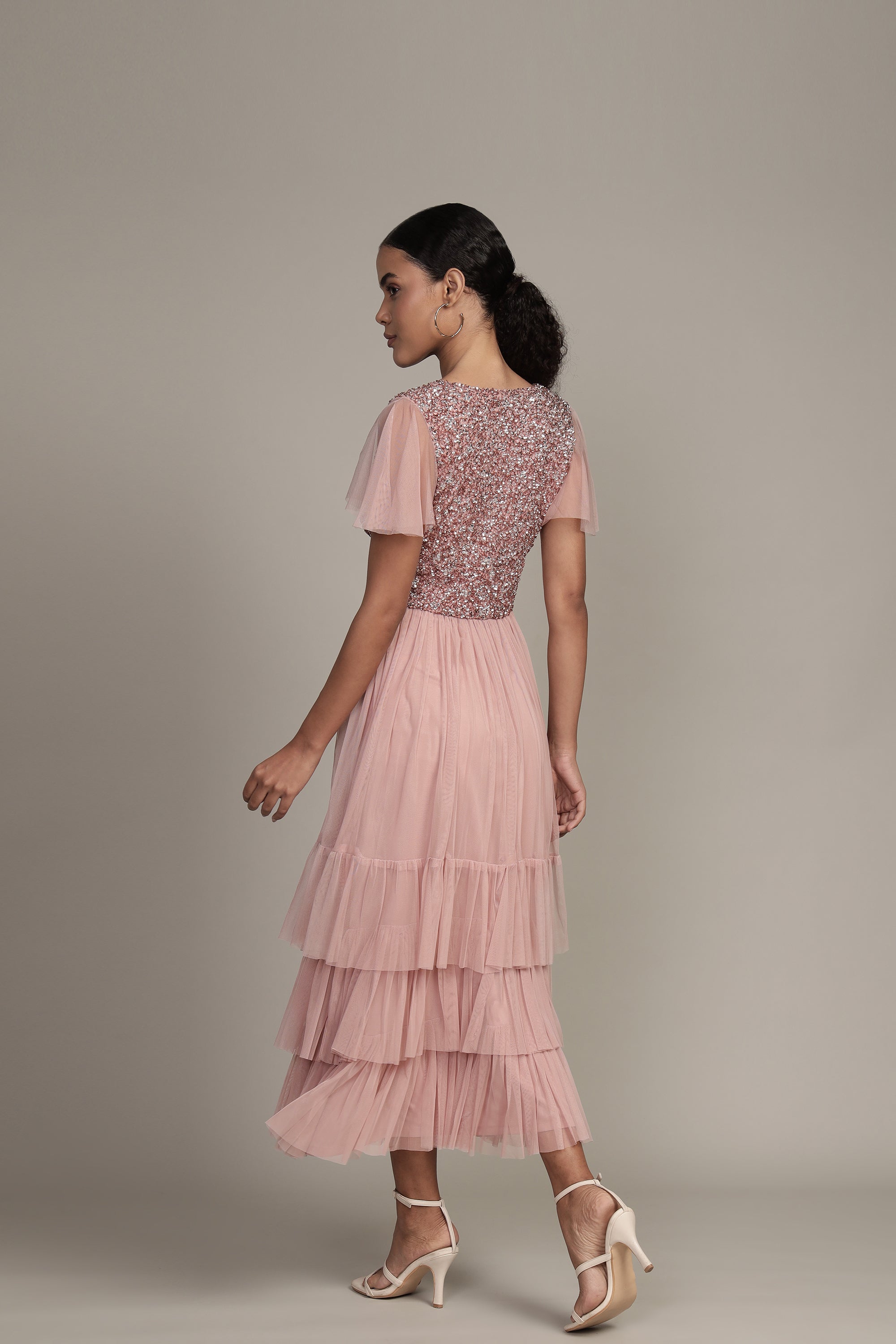 Maddie Embellished Midi Dress in Dusty Pink - Elegant Floral Lace Party Dress for Weddings, Cocktails & Special Occasions