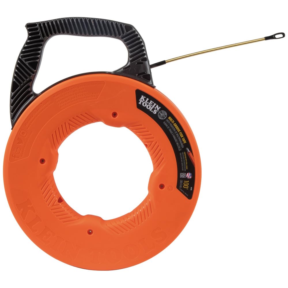 Klein Tools 56380 Non-Conductive Electrical Fish Tape - 100-Foot x 3/16-Inch Fiberglass Wire Puller with Steel Leader for Safe Electrical Wiring | Ideal for Electricians, DIY Home Wiring & Conduit Installation