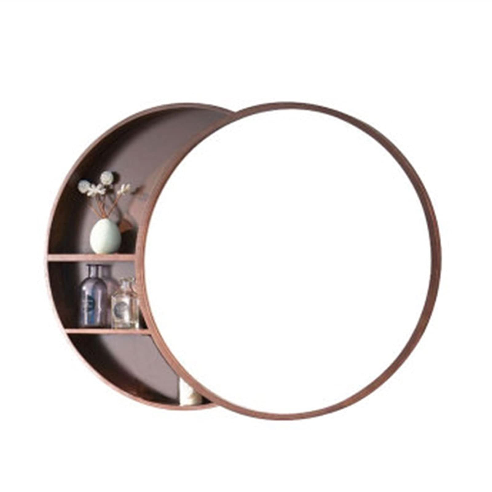 Waterproof Round Bathroom Mirror Cabinet with Shelf - 50x50cm Brown Wall Mounted Makeup Vanity for Bathroom, Bedroom & Dressing Room Organization