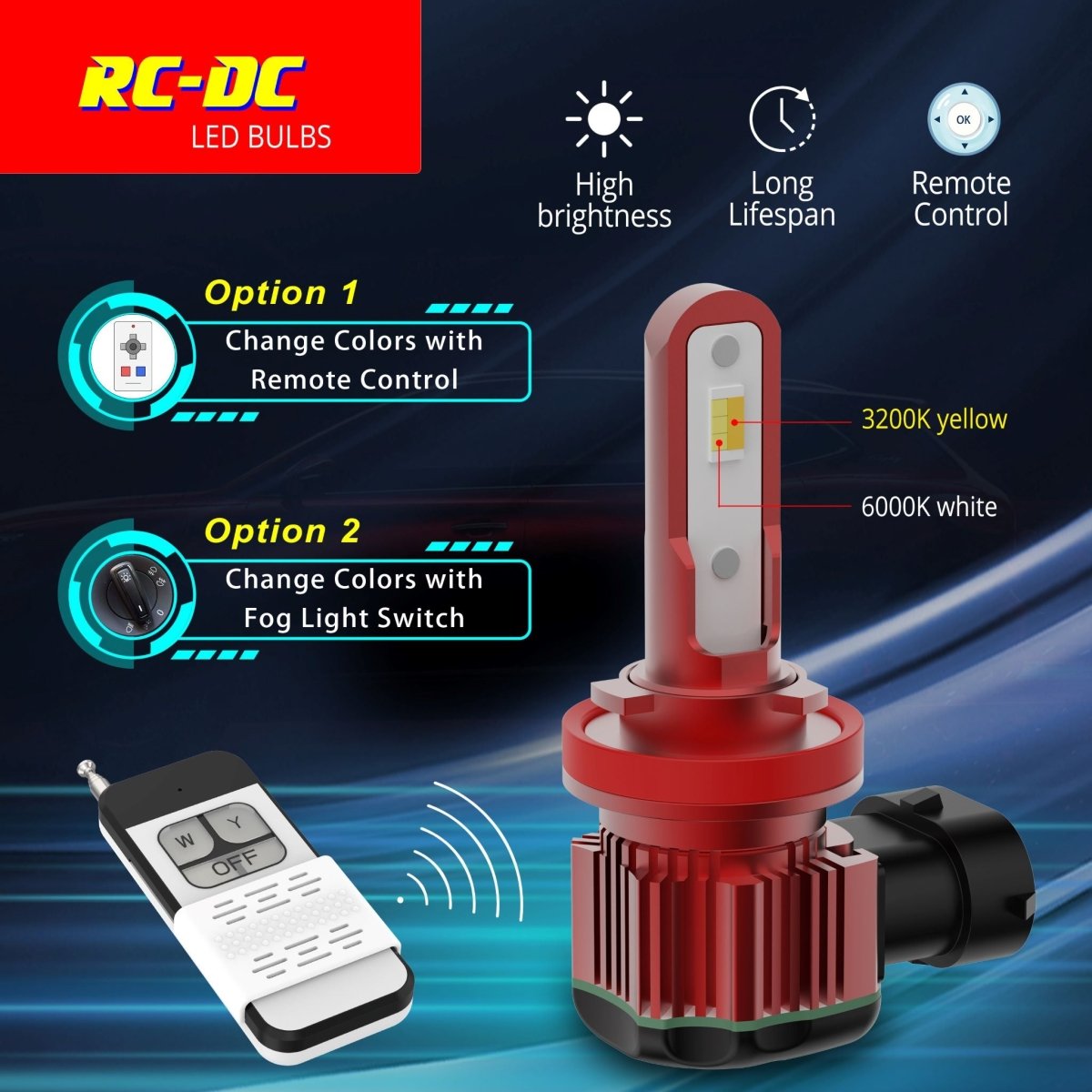HB4 9006 LED Bulbs for Fog Lights - 12V 6000K White & 3000K Yellow - High Performance Switchback LED Bulbs for Cars, Trucks, SUVs - Perfect for Night Driving and Bad Weather Conditions