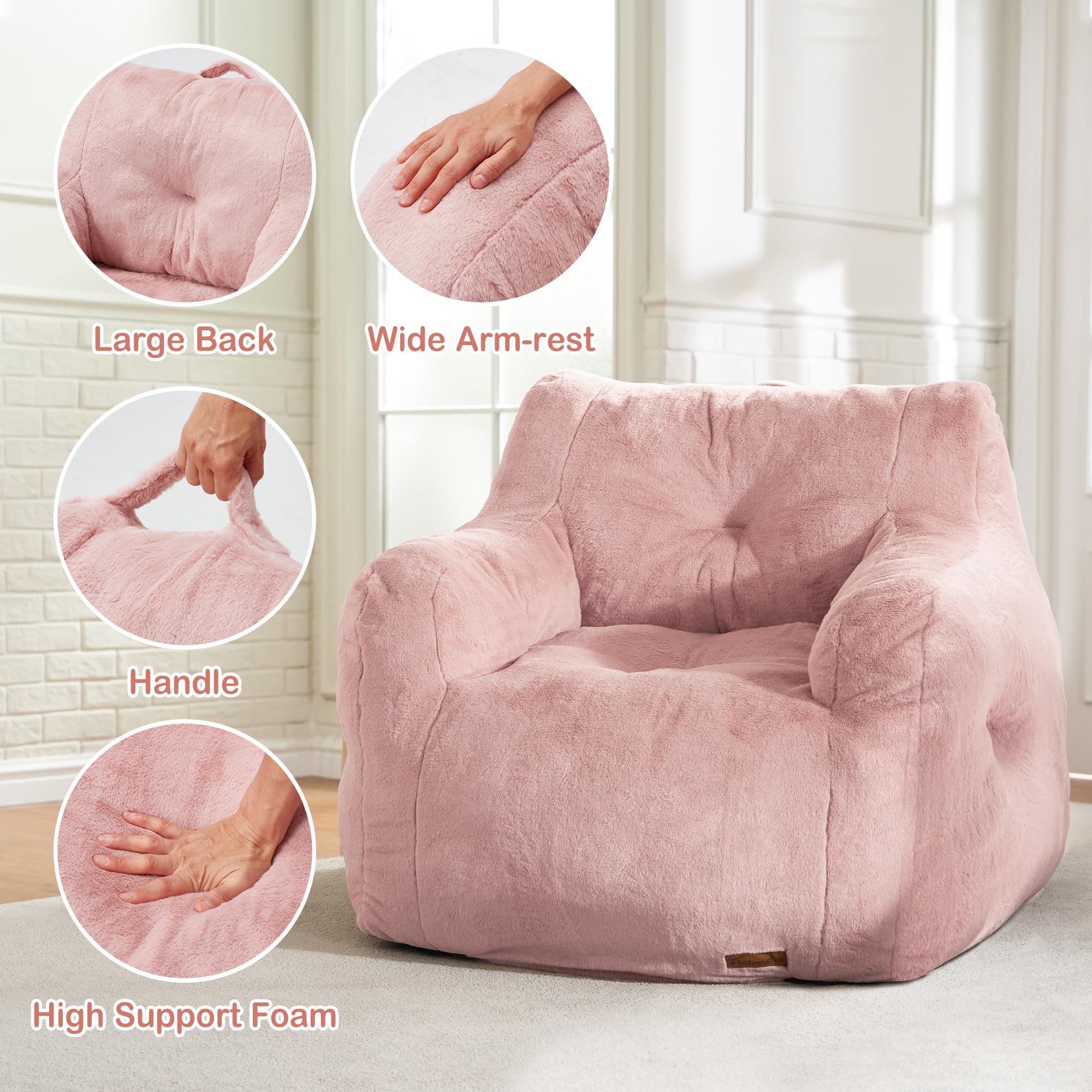 Hobestluk Furry Bean Bag Chair with Arms & Foam Filler - Small Bean Bag Sofa for Adults, Teens - Cozy Reading Chair for Bedroom, Living Room, Dorm, Game Room - Soft Pink Plush Seating (Pink)