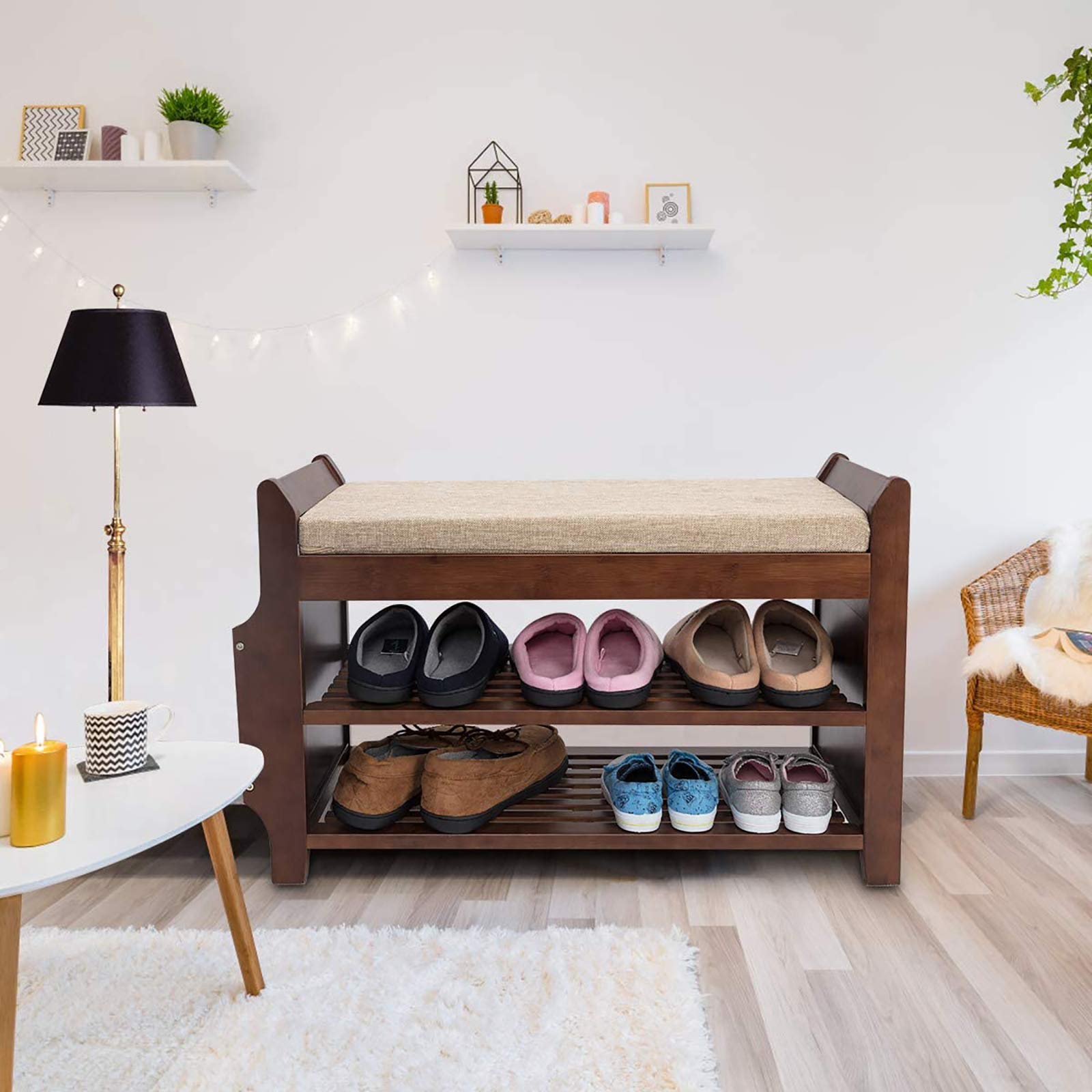 2-Tier Bamboo Shoe Bench with Removable Cushion & Hidden Drawer - Entryway Shoe Storage Organizer with Umbrella Stand - Perfect for Living Room, Bedroom & Bathroom Organization