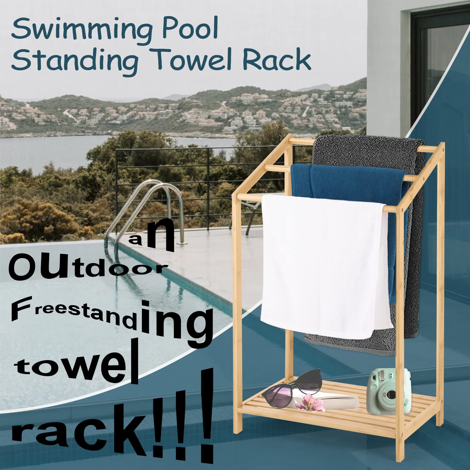 Bamboo Towel Rack Stand | Freestanding Hand Towel Holder with Storage Shelf | Bathroom, Bedroom & Laundry Room Organizer | Perfect for Small Spaces & Blanket Storage