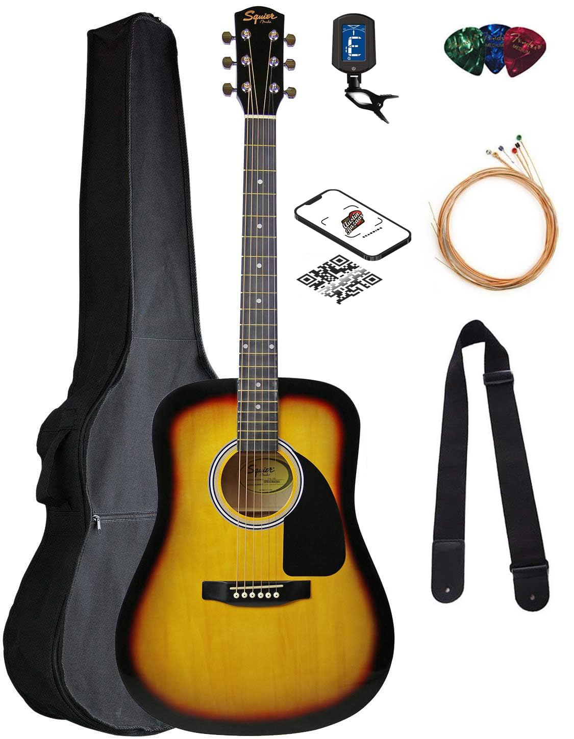 Fender Squier Dreadnought Acoustic Guitar Sunburst Bundle with Gig Bag, Tuner, Strap, Strings, Picks & Accessories - Perfect for Beginners, Campfire Singalongs & Home Recording Studios