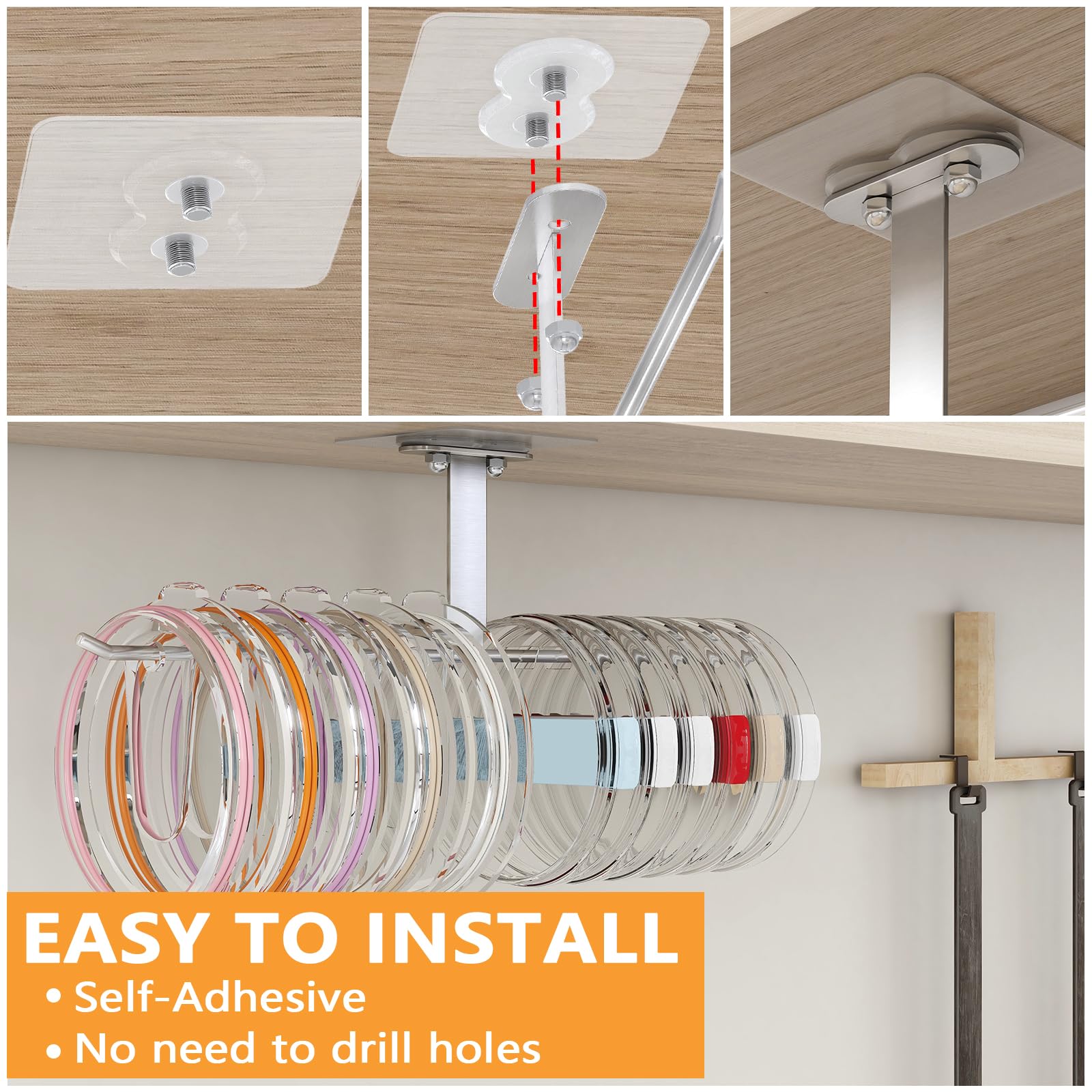 Stainless Steel Tumbler Lid Organizer - Self-Adhesive Under Cabinet Storage Hook Holds 10+ Cup Lids | Perfect for Kitchen Organization & Coffee Bar Accessories