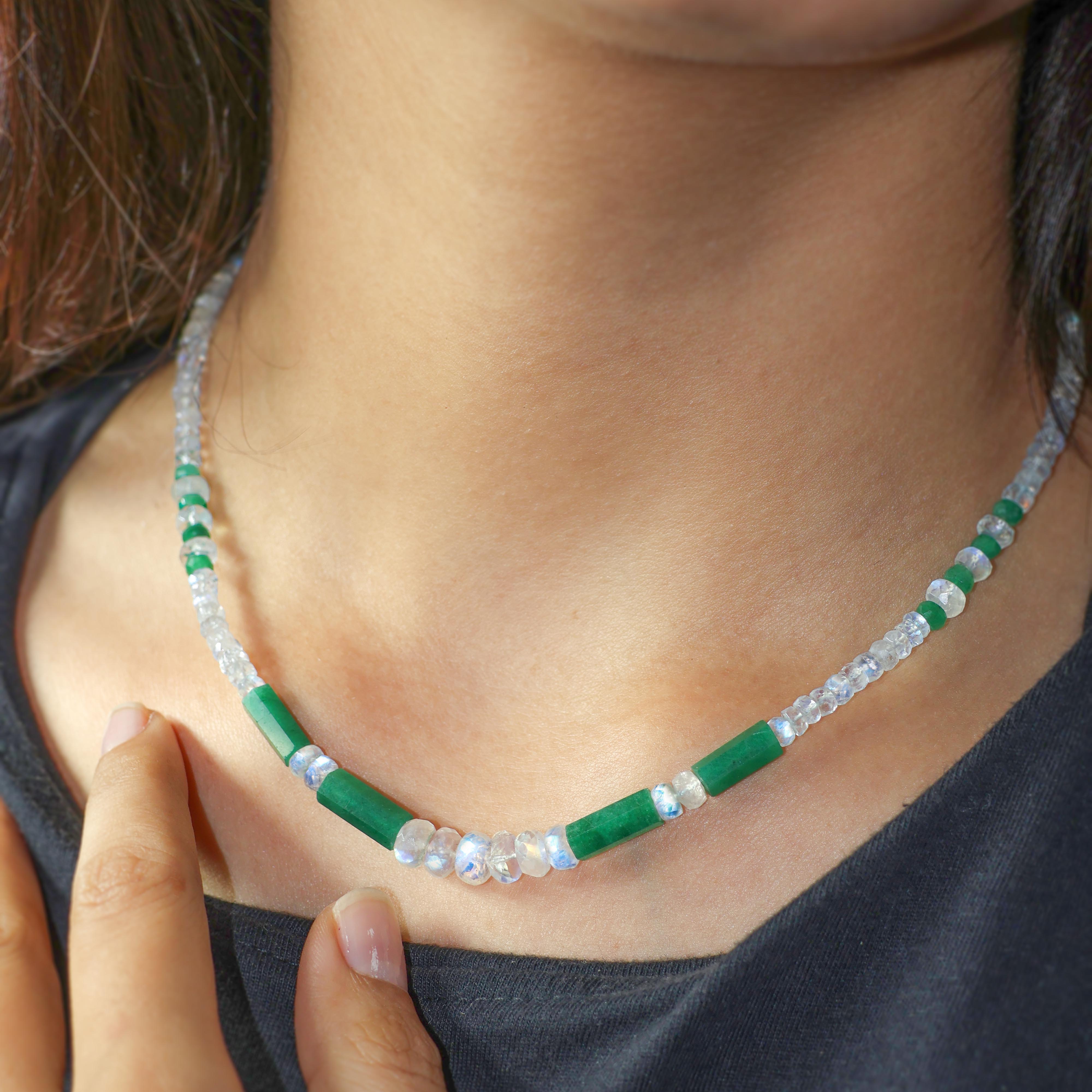 Beaded Pencil Necklace with Natural Moonstone & Emerald - Elegant Bohemian Jewelry for Women, Perfect for Office Wear, Date Nights & Special Occasions