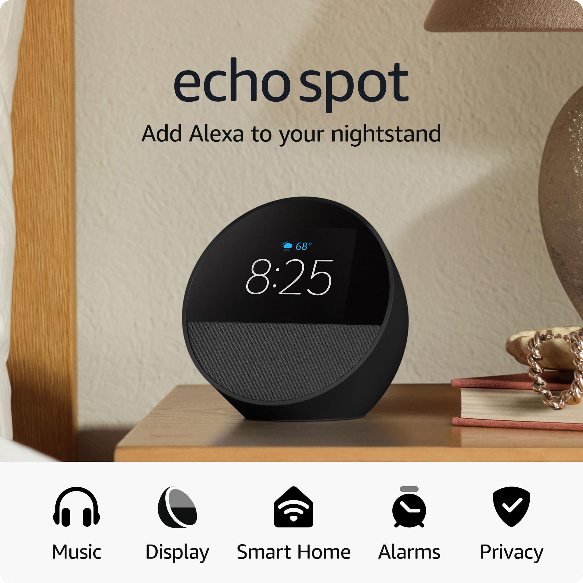 Amazon Echo Spot (Latest Model) - Smart Alarm Clock with Alexa, Black | Perfect for Nightstands, Offices & Kitchens | Voice Control, Weather Updates, Music Streaming & More