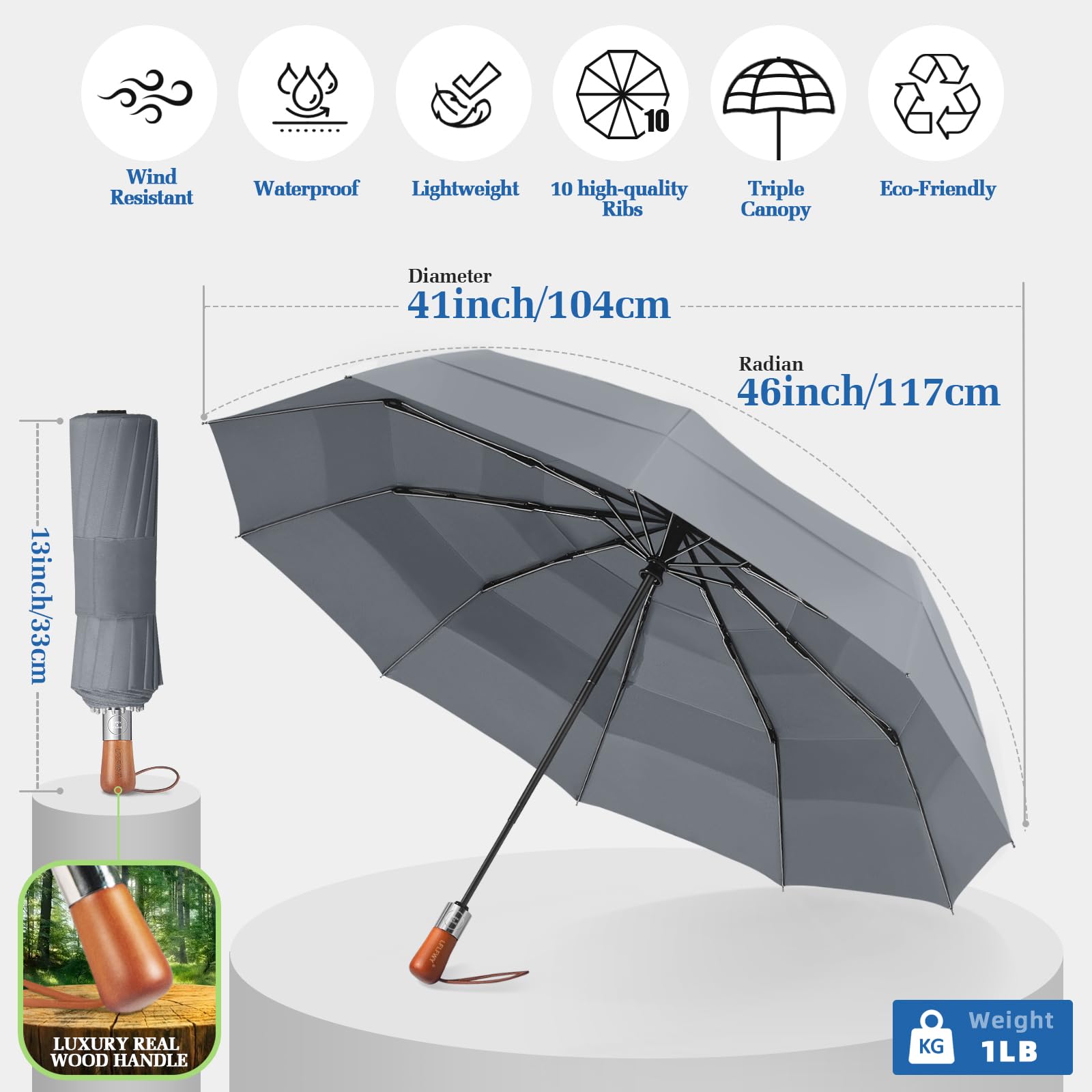 3T Wind Armor Travel Umbrella - Compact Auto Open/Close Folding Umbrella for Rain & Windproof - Durable Real Wood Handle - Portable for Backpack & Car - Perfect for Commuting, Travel, and Outdoor Activities