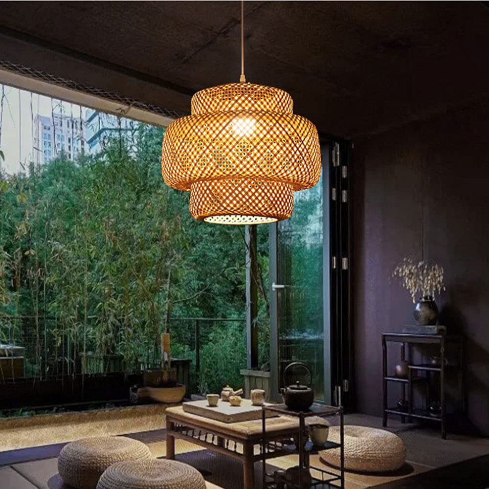 Natural Bamboo Pendant Lamp Shade - Retro Single Light Hanging Fixture with Wicker Rattan Design for Corridor, Ceiling, Teahouse & Dining Room Lighting | Perfect for Boho Home Decor, Cafe Ambience and Cozy Restaurant Settings
