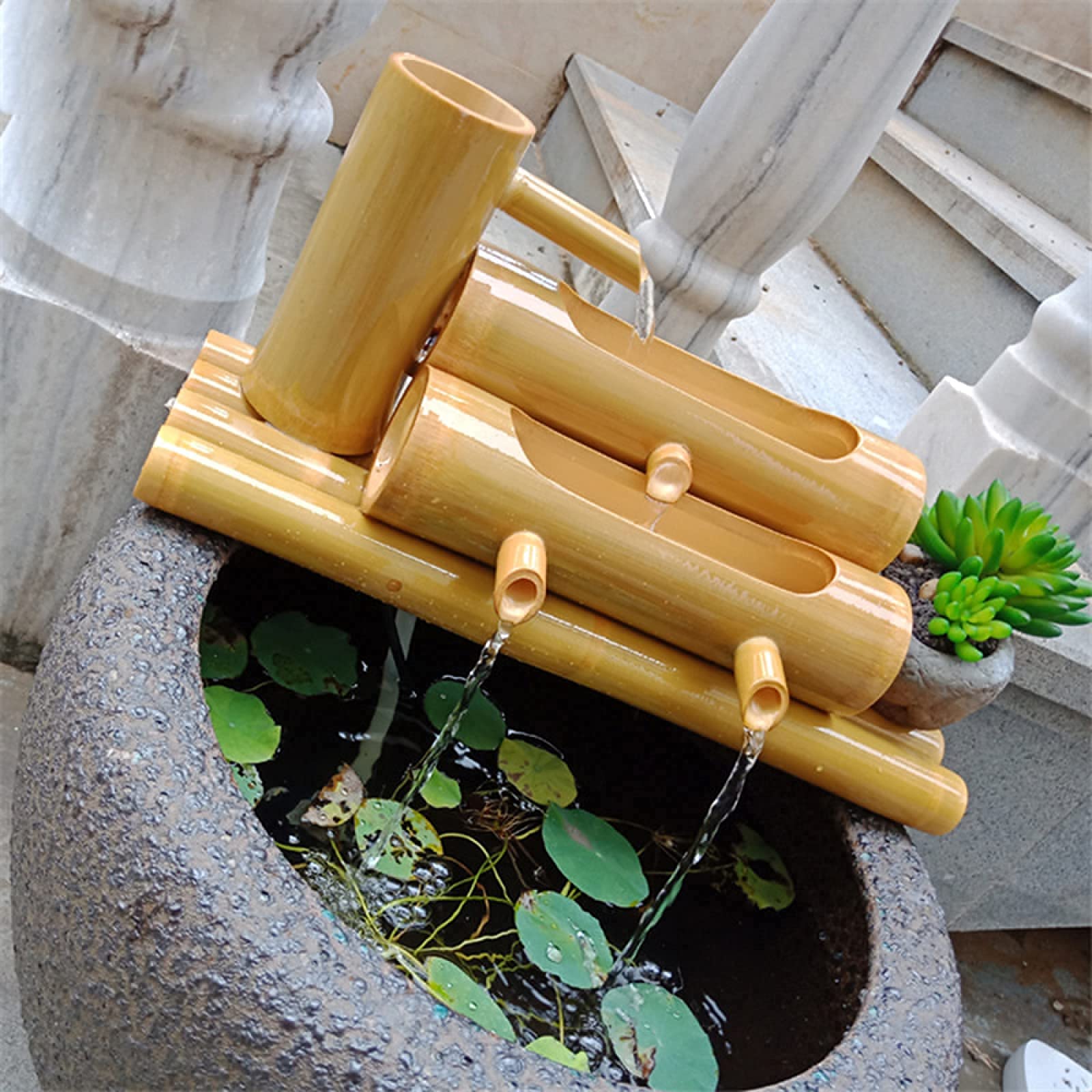 Solar Powered Bamboo Water Fountain - Outdoor Garden Decor, Feng Shui Wheel Feature for Home & Office Desktop | Relaxing Zen Water Feature for Patio, Yard & Workspace