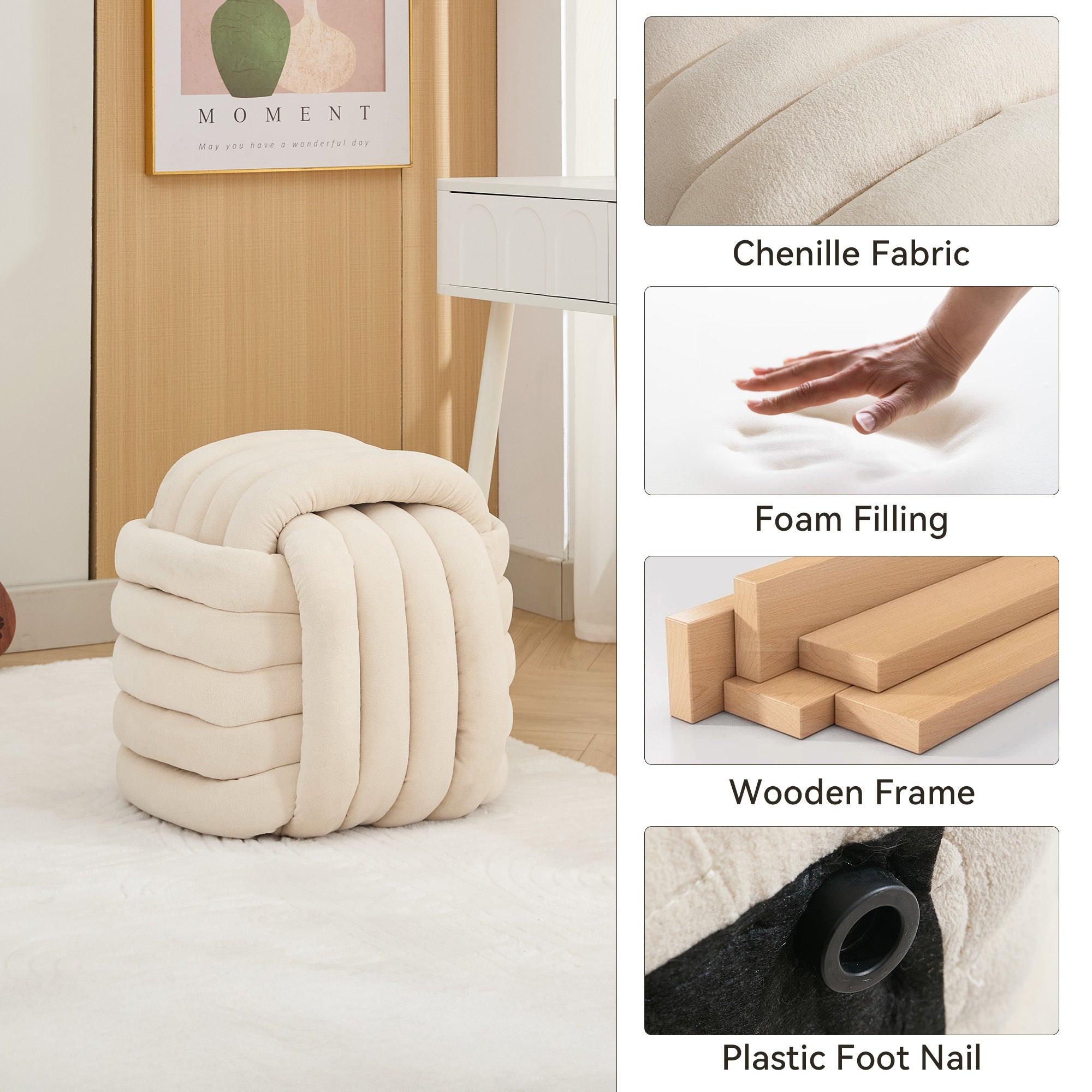 Modern Chenille Fabric Knot Design Ottoman Stool - Comfortable Footrest & Makeup Seat for Living Room, Bedroom - Beige Home Decor Accent | Perfect for Lounging, Vanity & Nursery Use