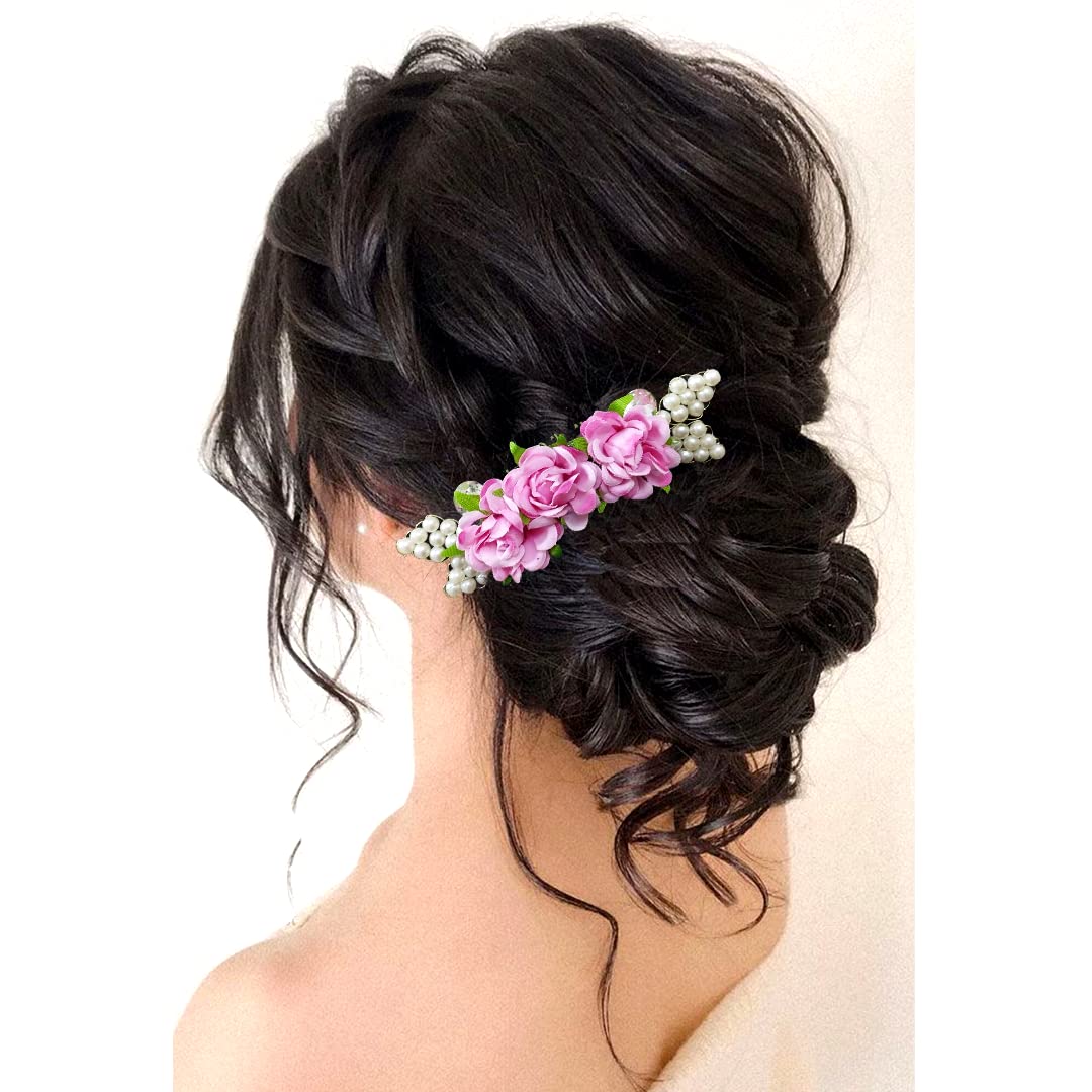 Artificial Floral Hair Comb Slide - Pink Side Juda Comb Hairpin for Women & Girls | Wedding, Prom, Party Hair Accessories