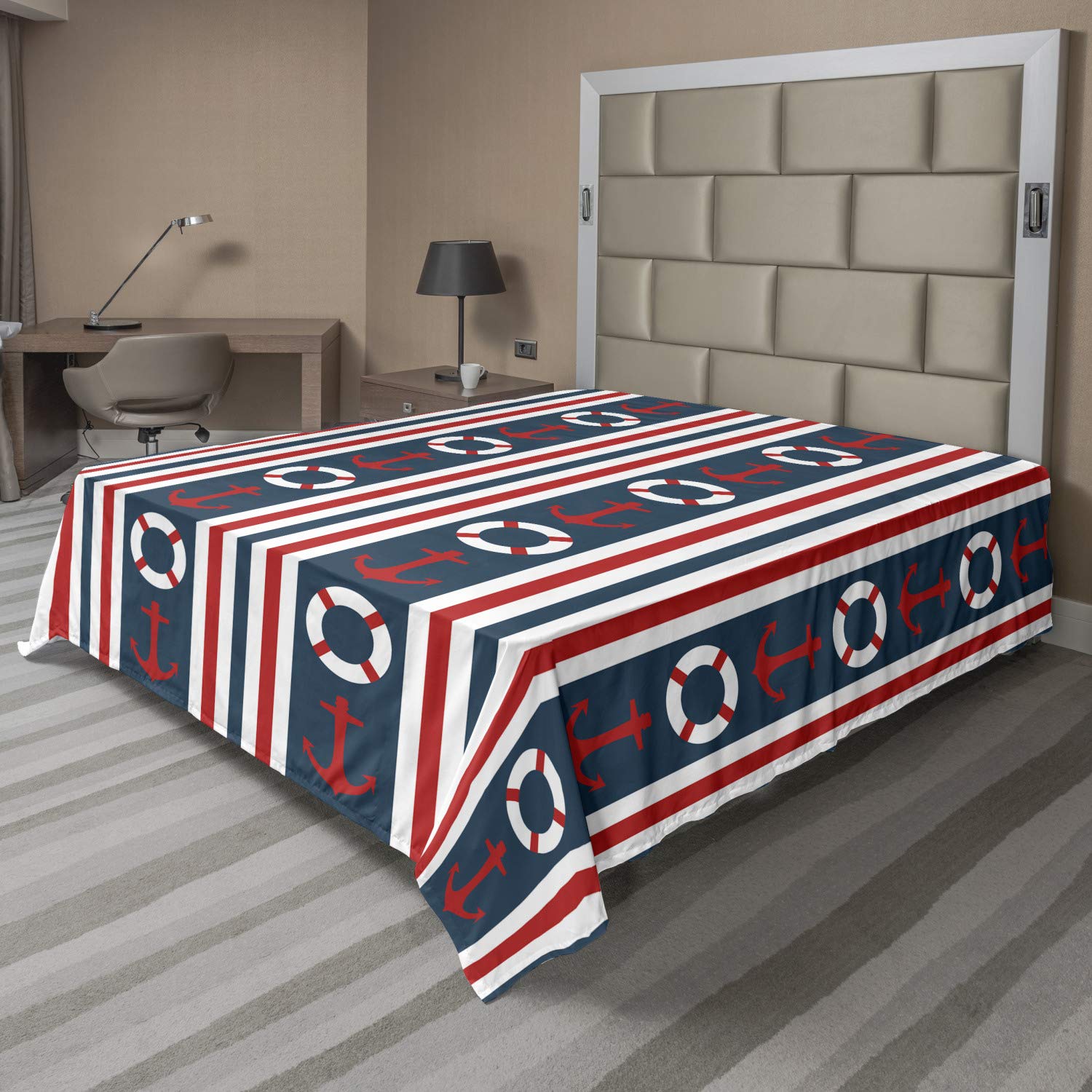 Ambesonne Nautical Queen Size Flat Sheet - Striped Maritime Design with Steering Wheel & Anchor Patterns | Soft Comfortable Bedding for Coastal & Beach Themed Bedrooms | Indigo Red White Decorative Top Sheet