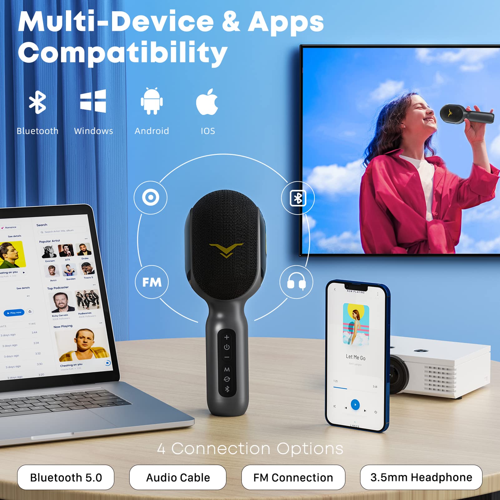Wireless Bluetooth Karaoke Microphone - 5-in-1 Portable Handheld Mic Speaker with Dynamic RGB Lights | Mini Karaoke Machine for Car, Travel, Home Party, Music Recording & Duet Singing | Perfect Gift for Kids & Adults | Great for Road Trips, Birthday Parties & Family Gatherings