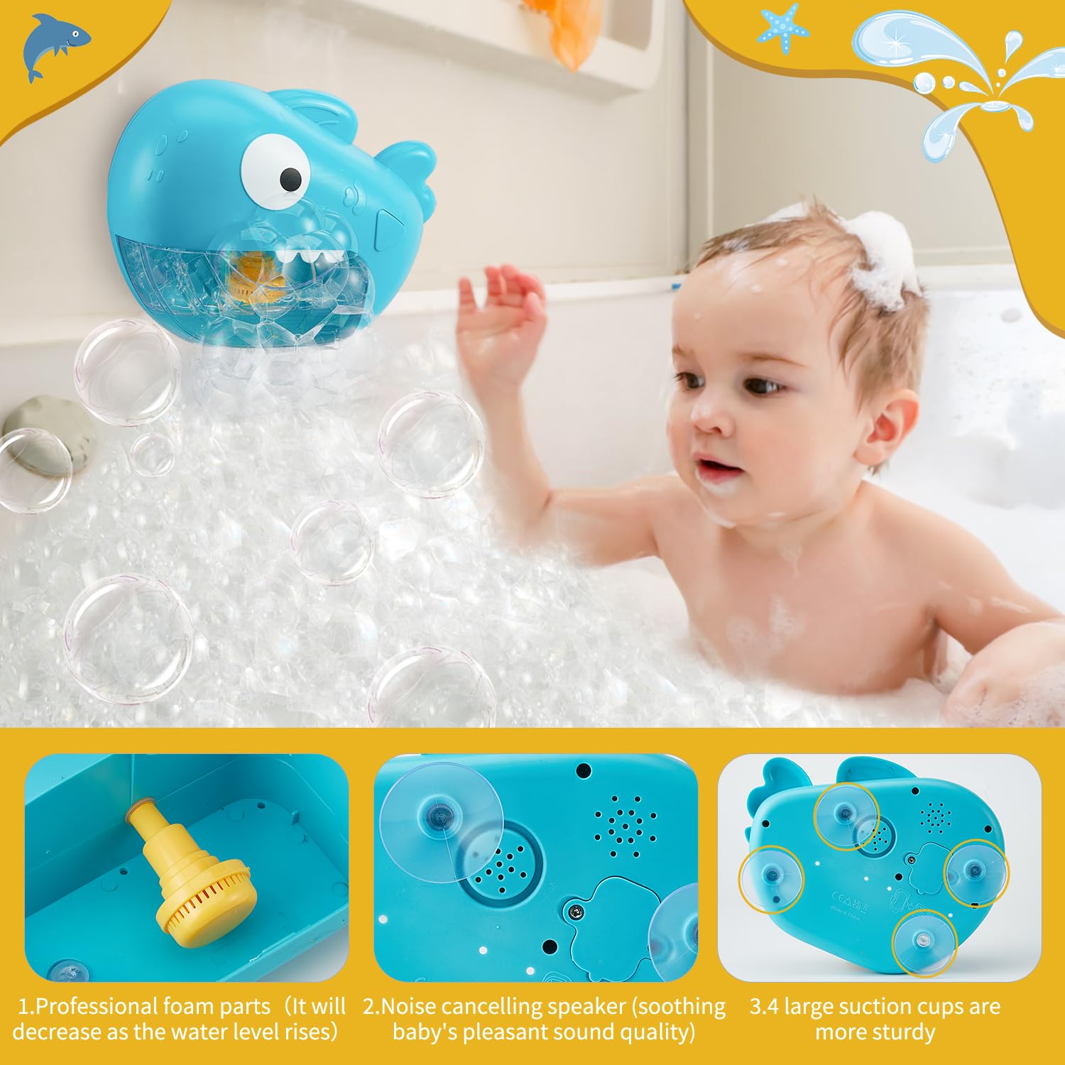 Automatic Bubble Bath Machine with Music & 3 Silicone Bath Toys for Toddlers Ages 1-3 - Fun Bubble Maker for Kids Bath Time, Birthday Gift & Sensory Play