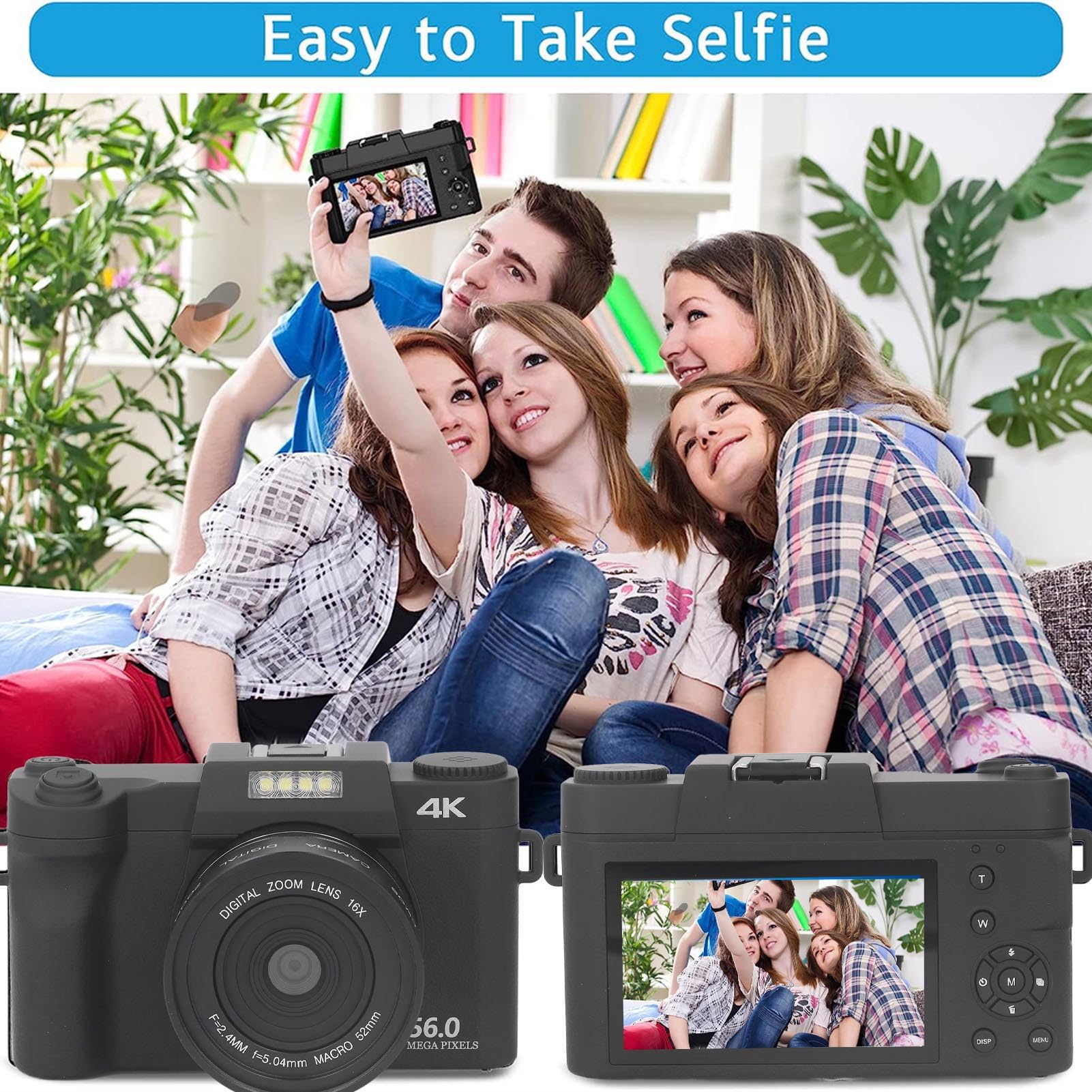 4K Digital Camera with 3.0 Inch IPS Screen - 56MP Vlogging Camera with 16x Digital Zoom, Autofocus & WiFi Connectivity | Hot Shoe Interface, Built-in Fill Light & 1500mAh Battery for YouTube, Travel & Selfie Photography