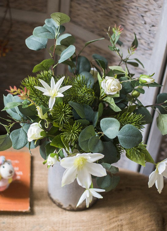 Eucalyptus Globulus, Clematis & White Rose Artificial Flower Arrangement - Modern Home Decor for Dining Table, Living Room & Wedding Centerpieces