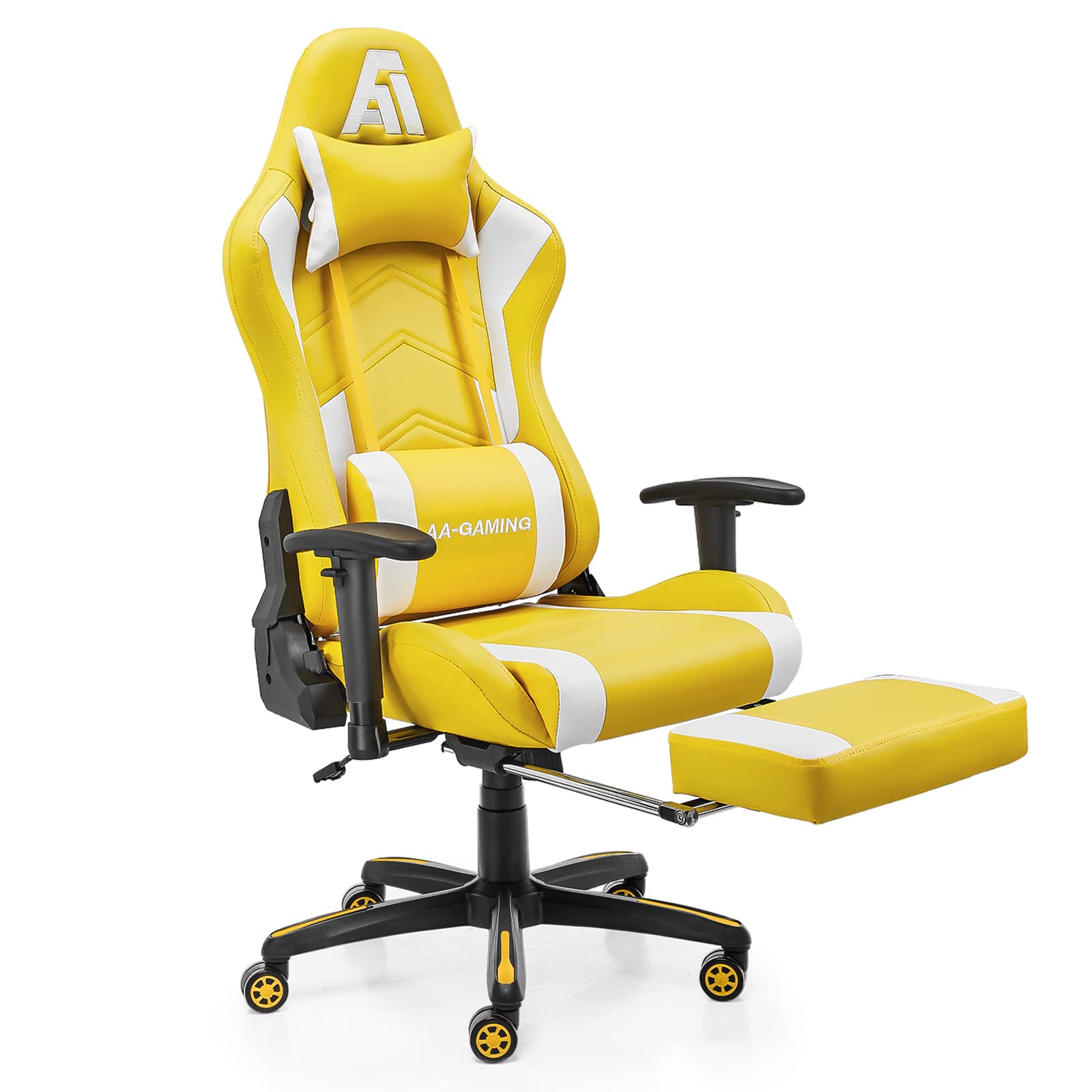 Premium Gaming Chair - High Back Ergonomic Racing Style Computer Chair with Adjustable Lumbar Support, Footrest & 360° Swivel for PC/Console Gamers (Yellow & White) - Perfect for Esports, Streaming & Home Office Workspace