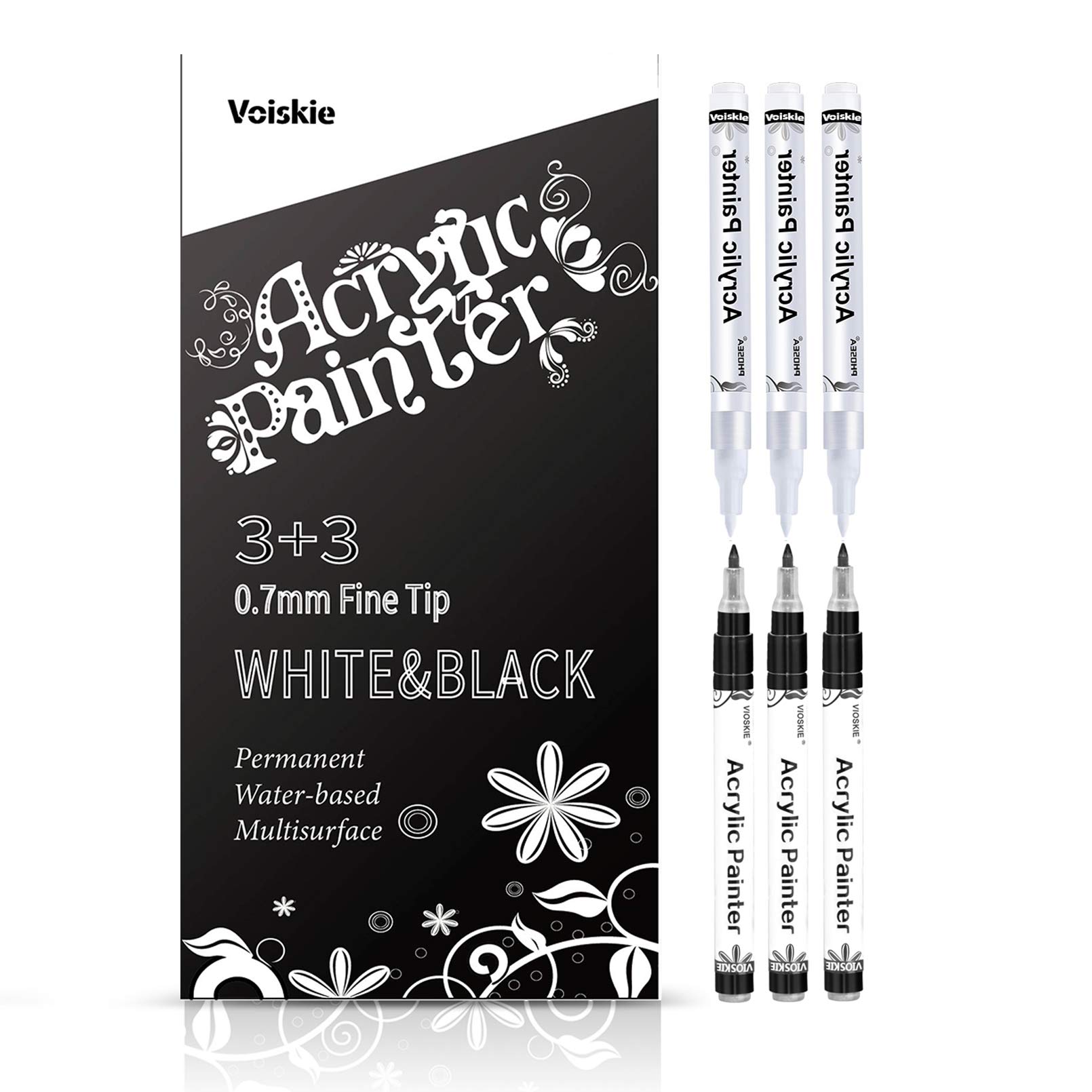 **White & Black Acrylic Paint Pens Set – 0.7mm Extra Fine Tip Permanent Markers for Rock, Stone, Ceramic, Glass, Wood, Plastic, Metal & Canvas – Water-Based Non-Toxic (3 Black + 3 White) – Perfect for DIY Crafts, Home Decor & Art Projects**