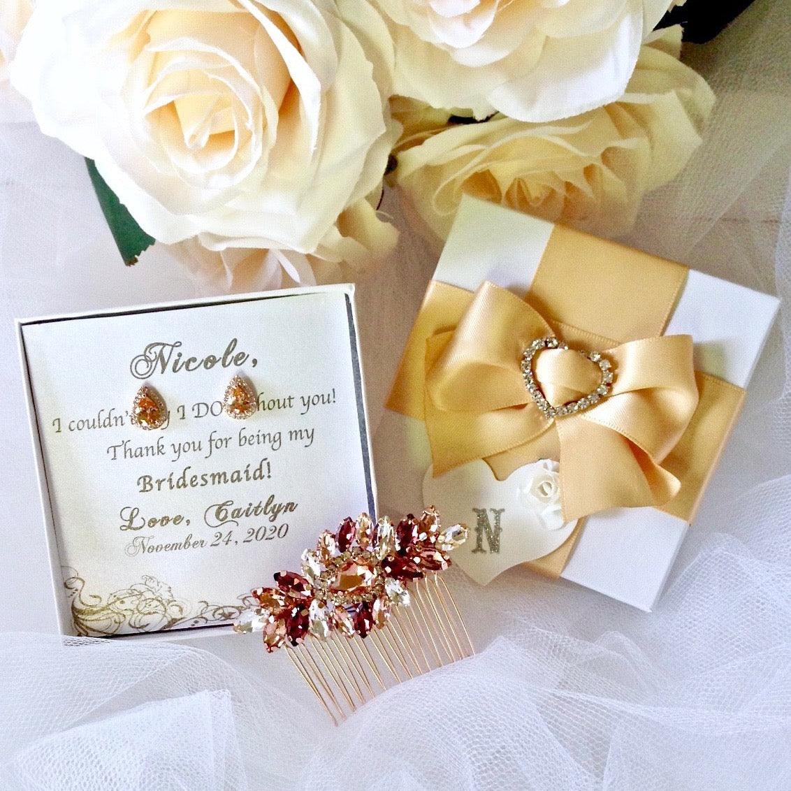 Elegant Rose Gold Bridal Hair Comb Set with Matching Earrings - Perfect for Weddings, Prom & Special Occasions