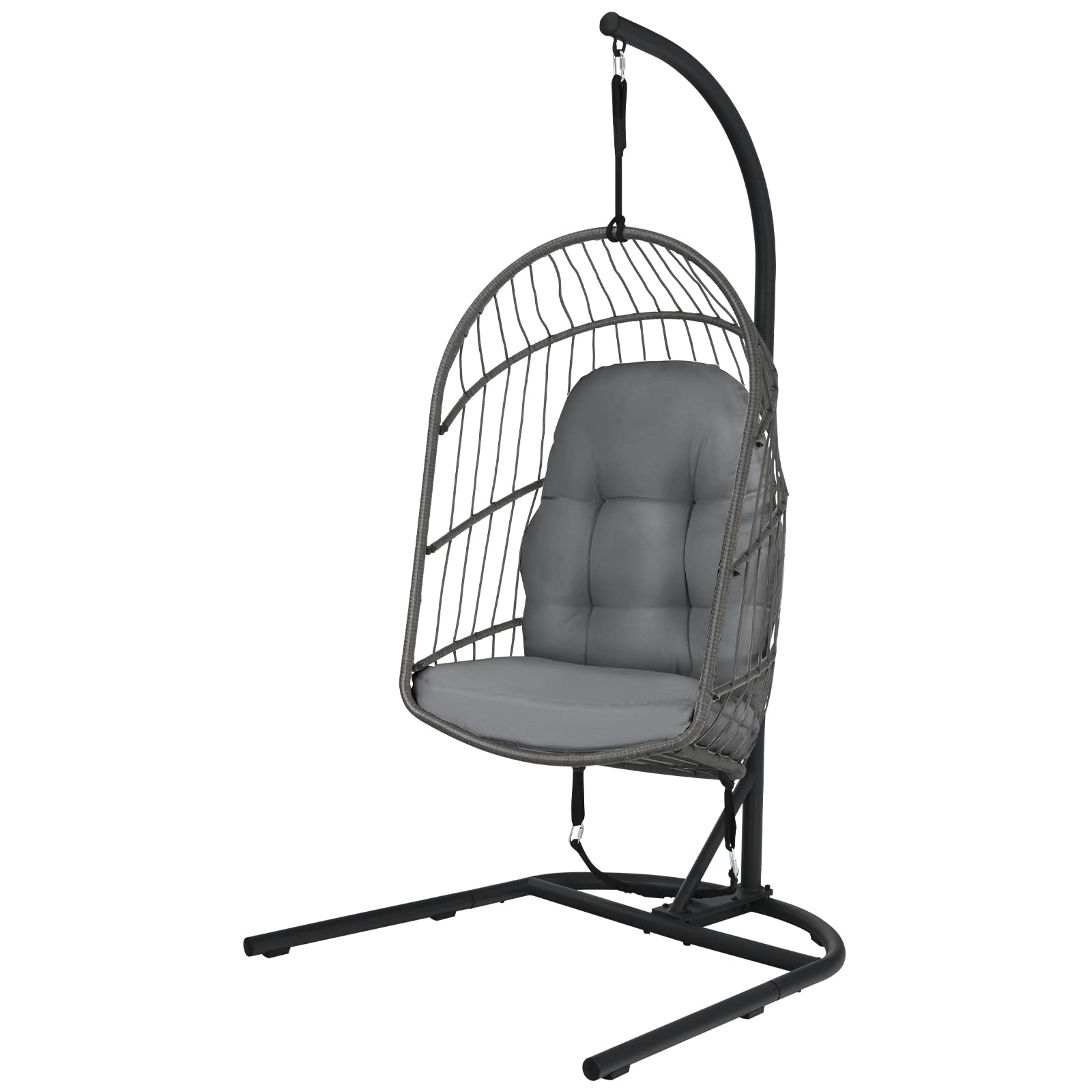Giantex Foldable Hanging Egg Chair with Stand - Indoor/Outdoor Rattan Swing Chair with Cushions & C-Shaped Hammock Stand - Perfect for Bedroom, Balcony, Patio & Backyard Relaxation (Grey)