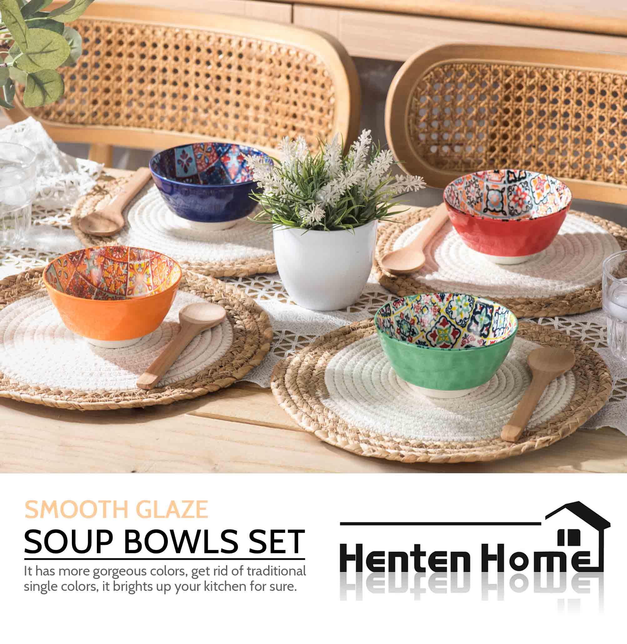 Henten Home 12 oz Ceramic Small Bowls Set of 4, Porcelain Snack Bowls for Soup, Salad, Rice, Ice Cream - Microwave & Dishwasher Safe Mosaic Style - Perfect for Dining, Entertaining & Everyday Use