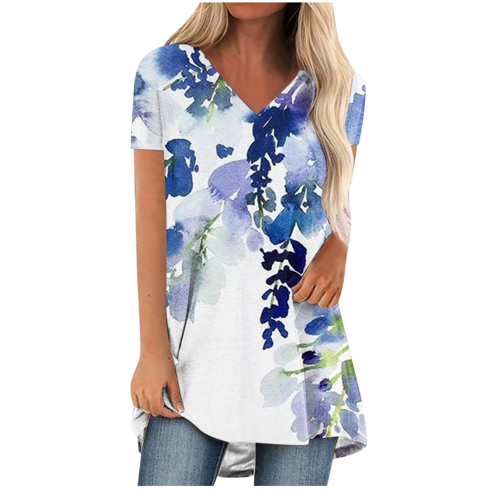 Plus Size Women's V-Neck Tunic Top - Floral Ink Painting Print, Loose Fit Short Sleeve Vintage Blouse | Casual Wear, Office Outfit, Summer Fashion