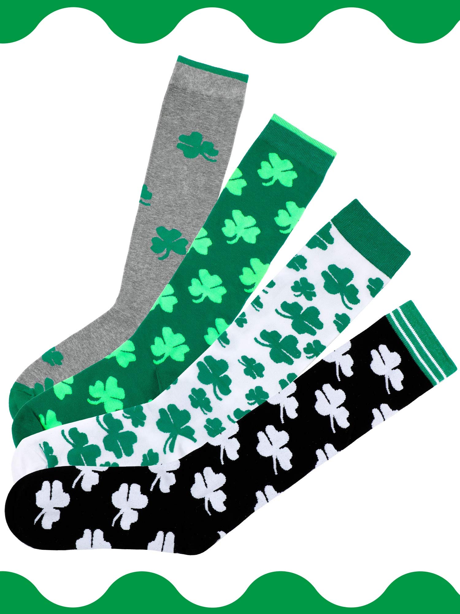 Geyoga 4 Pairs St. Patrick's Day Knee High Stockings - Shamrock Clover Irish Costume Socks for St. Patrick's Day, Mardi Gras, Halloween & Cosplay Parties - Festive Daily Wear Socks for Women & Girls