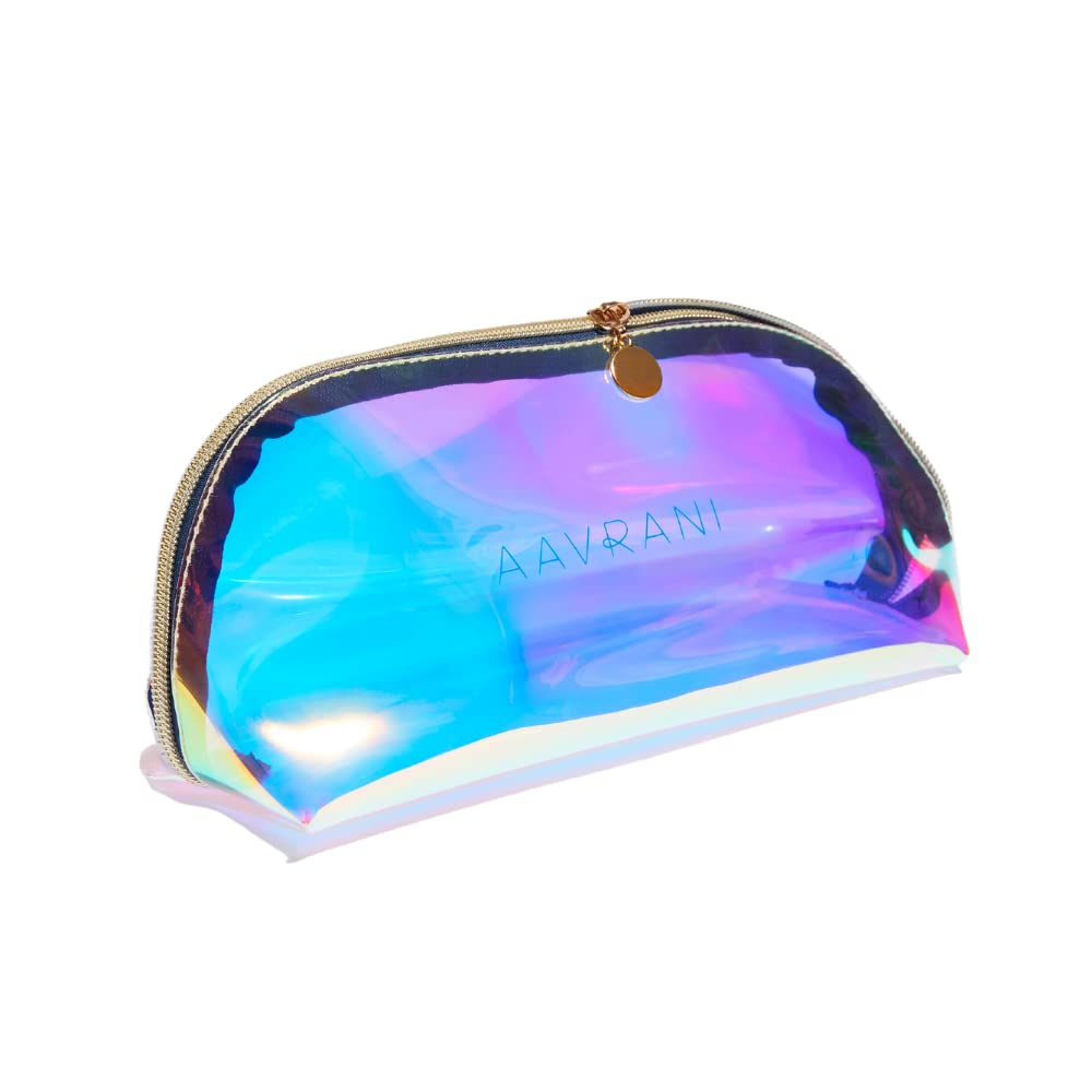 AAVRANI Holographic Clear Travel Makeup Bag - Water Resistant Cosmetic Organizer with Central-Zip Compartment for Toiletries, Skincare & Beauty Tools | Perfect for Air Travel, Gym, Beach & Daily Use