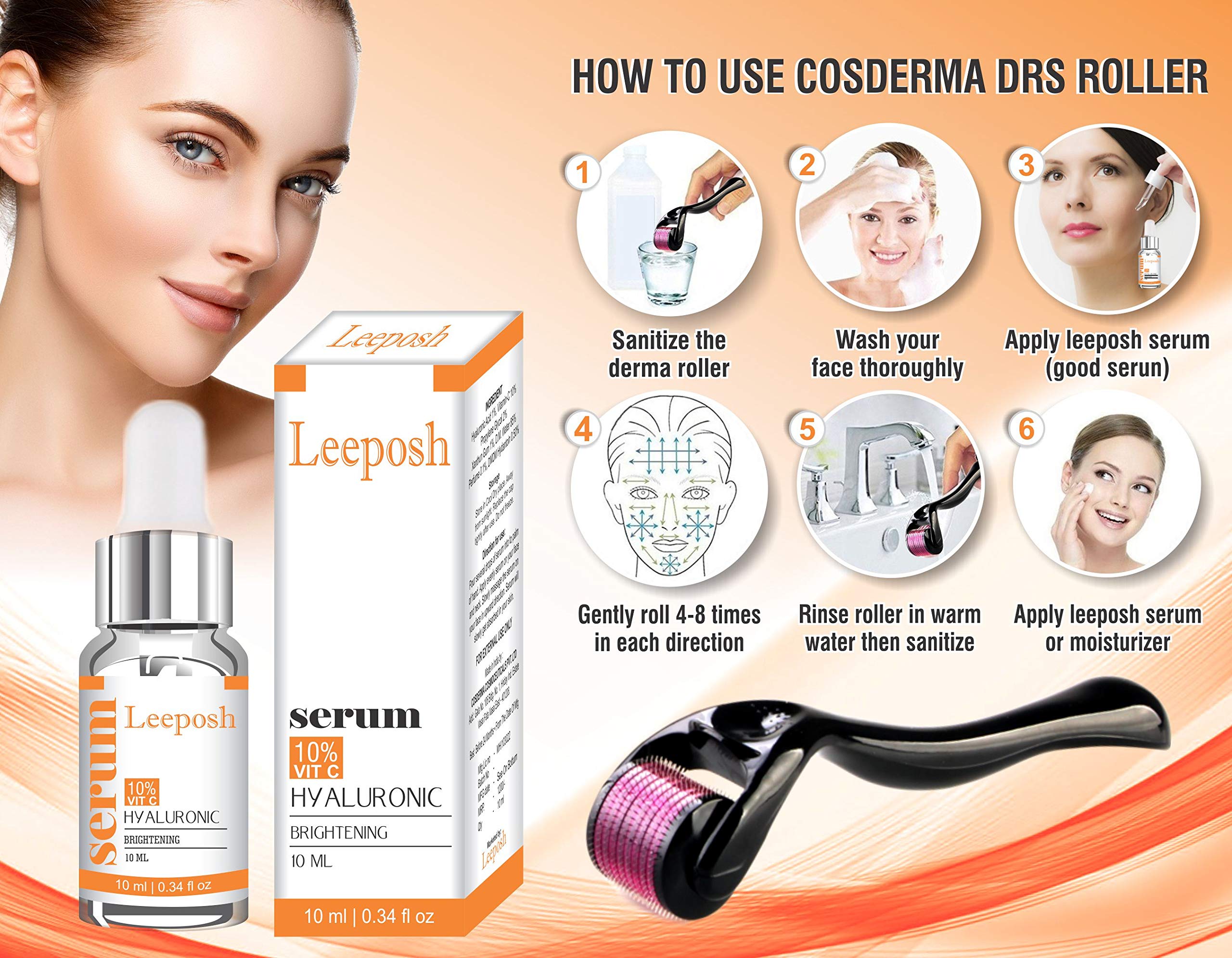 Leeposh Dermaroller Serum with 10% Hyaluronic Acid & Vitamin C - Anti-Aging, Intense Hydration & Moisturizing Face Serum for Glowing Skin | Non-Greasy, Vegan Formula | Perfect for Daily Skincare Routine & Nighttime Rejuvenation