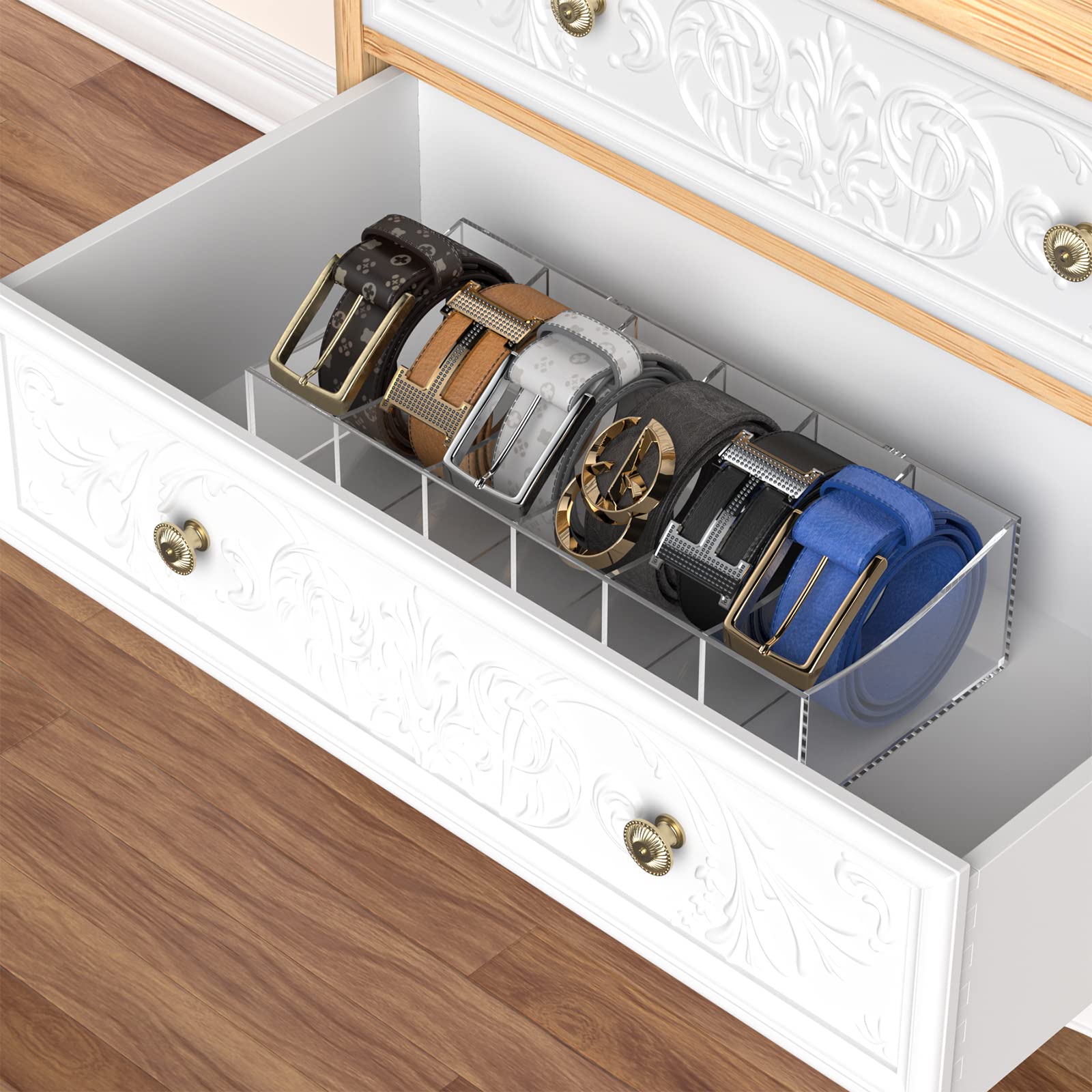 Acrylic Belt Organizer with 6 Compartments - Clear Belt Storage Holder for Closet & Drawer - Perfect for Ties, Bow Ties & Accessories - Ideal for Home, Office & Travel Organization
