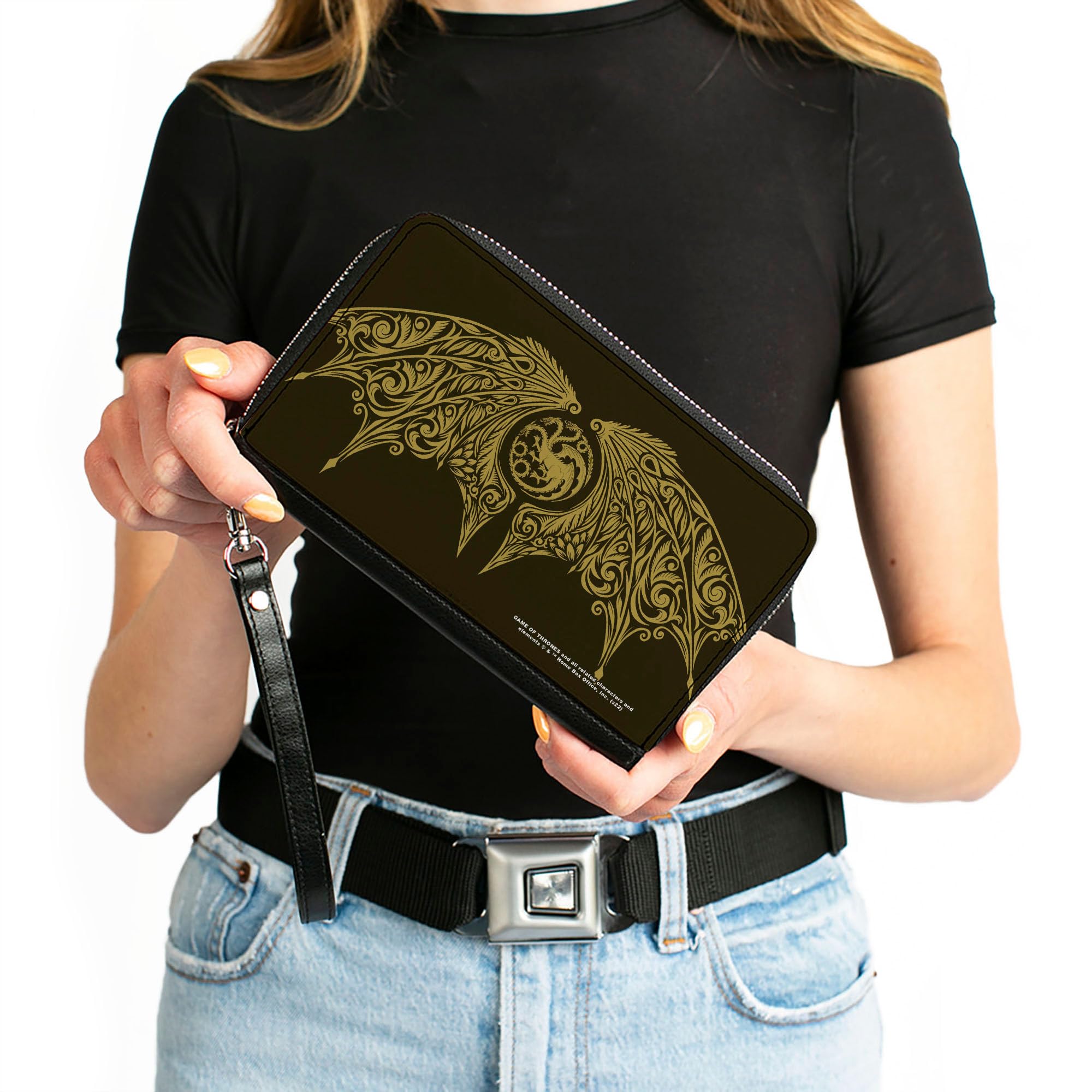 House of the Dragon Wallet - Zip Around Vegan Leather Wallet with Icon & Wings Design in Black & Yellow - Perfect for Fans, Collectors & Everyday Use