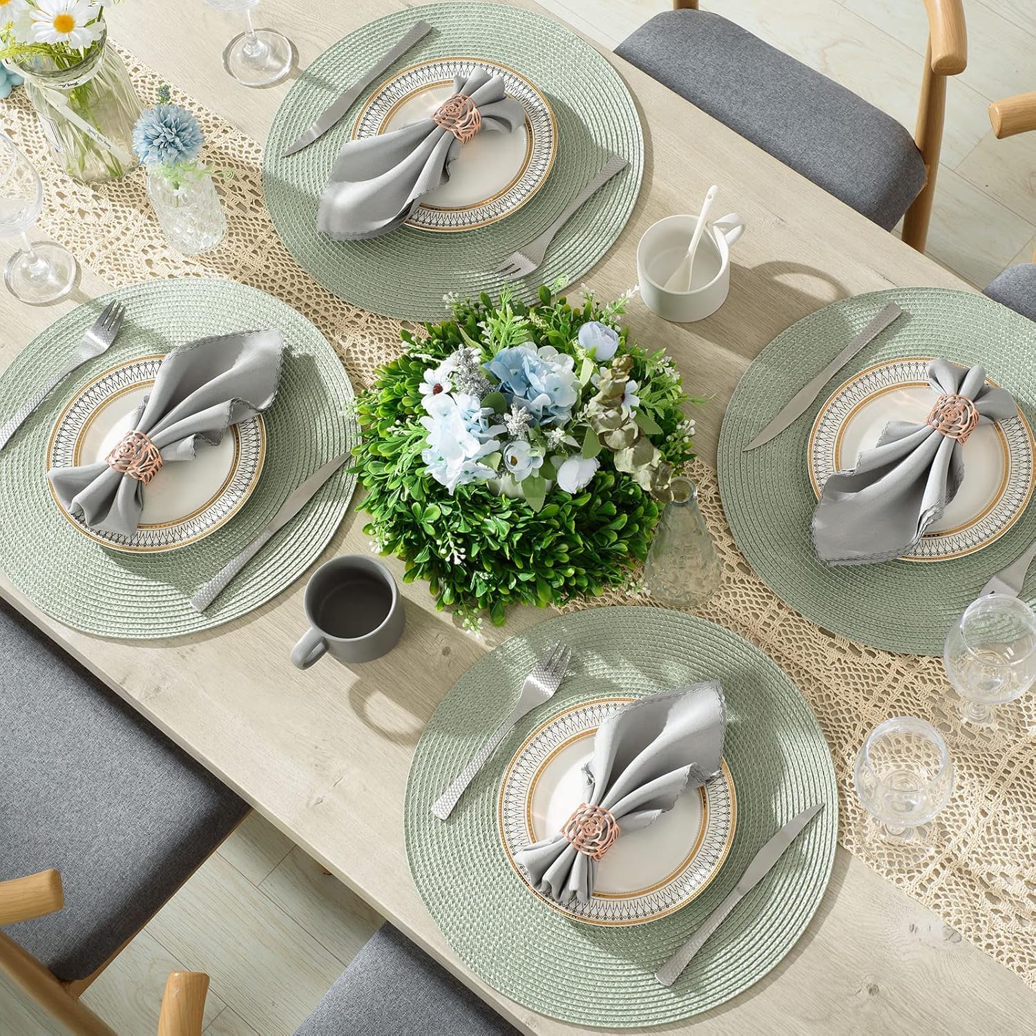 15 Inch Round Braided Placemats Set of 6 - Natural Woven Heat Resistant Table Mats for Dining Room Decor, Kitchen Table Setting, and Home Entertaining (Sage Green)