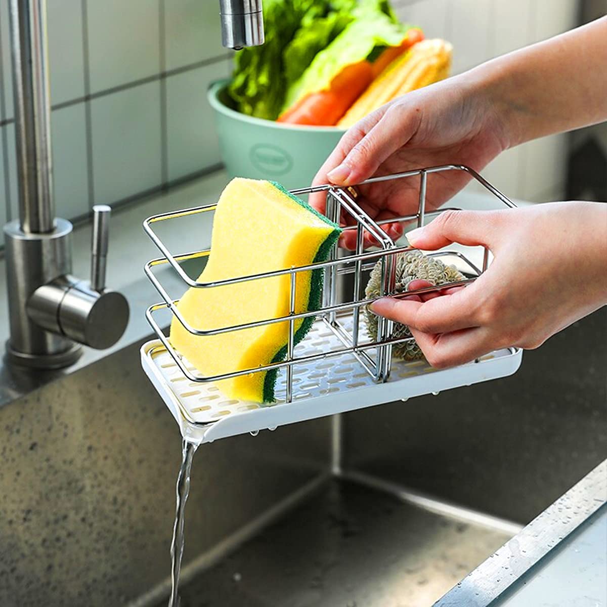 Stainless Steel Kitchen Sink Sponge Holder & Dish Brush Organizer - Rustproof Sink Caddy with Drainage Holes for Sponges, Soap & Cleaning Tools - Perfect for Kitchen, Bathroom, RV & Office Sink Organization