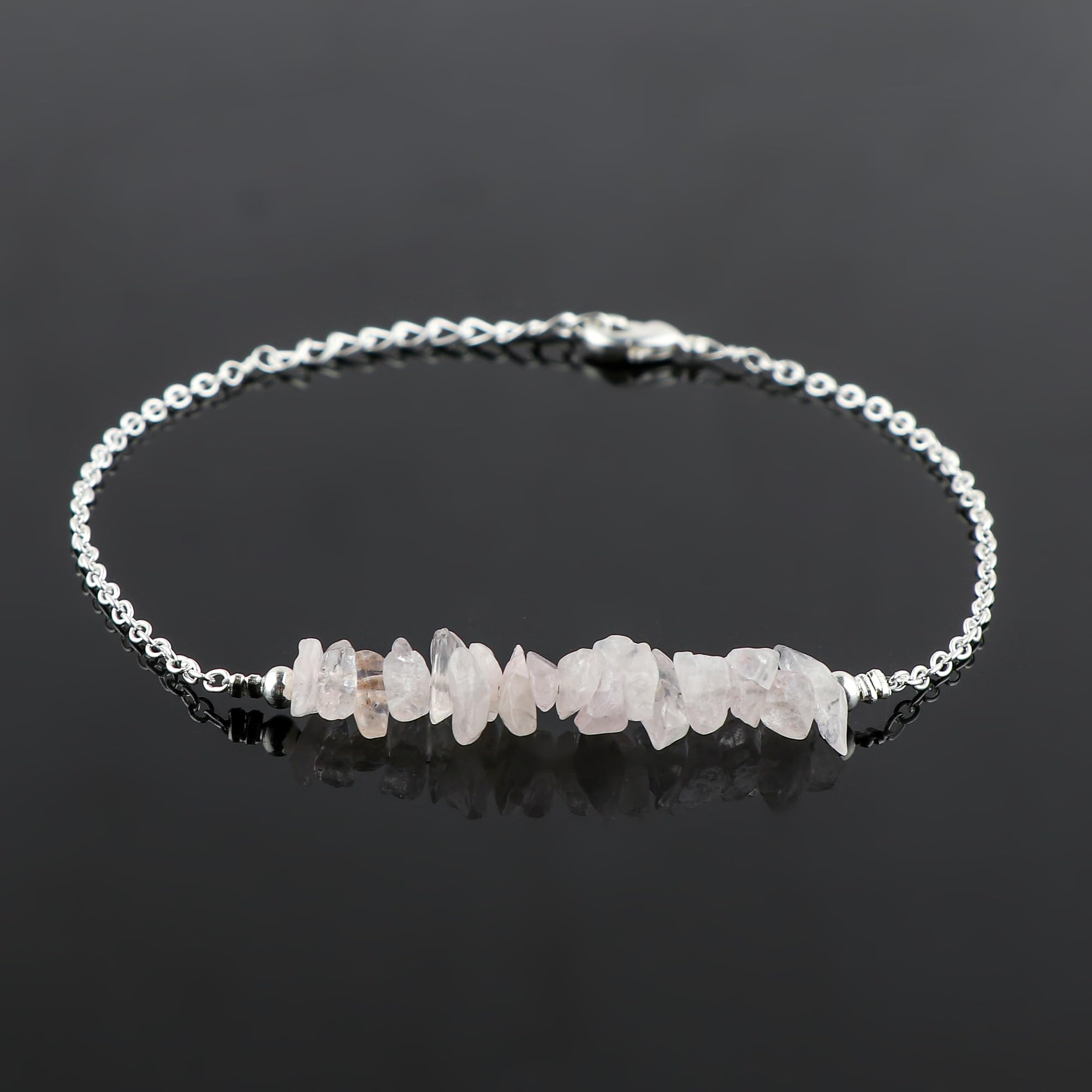 Natural Rose Quartz Chips Bar Bracelet - Healing Crystal Energy Jewelry with Silver Plated Raw Beads, 7-8 Inch Adjustable Chain for Women - Perfect Spiritual Gift for Valentine's Day, Birthday & Meditation