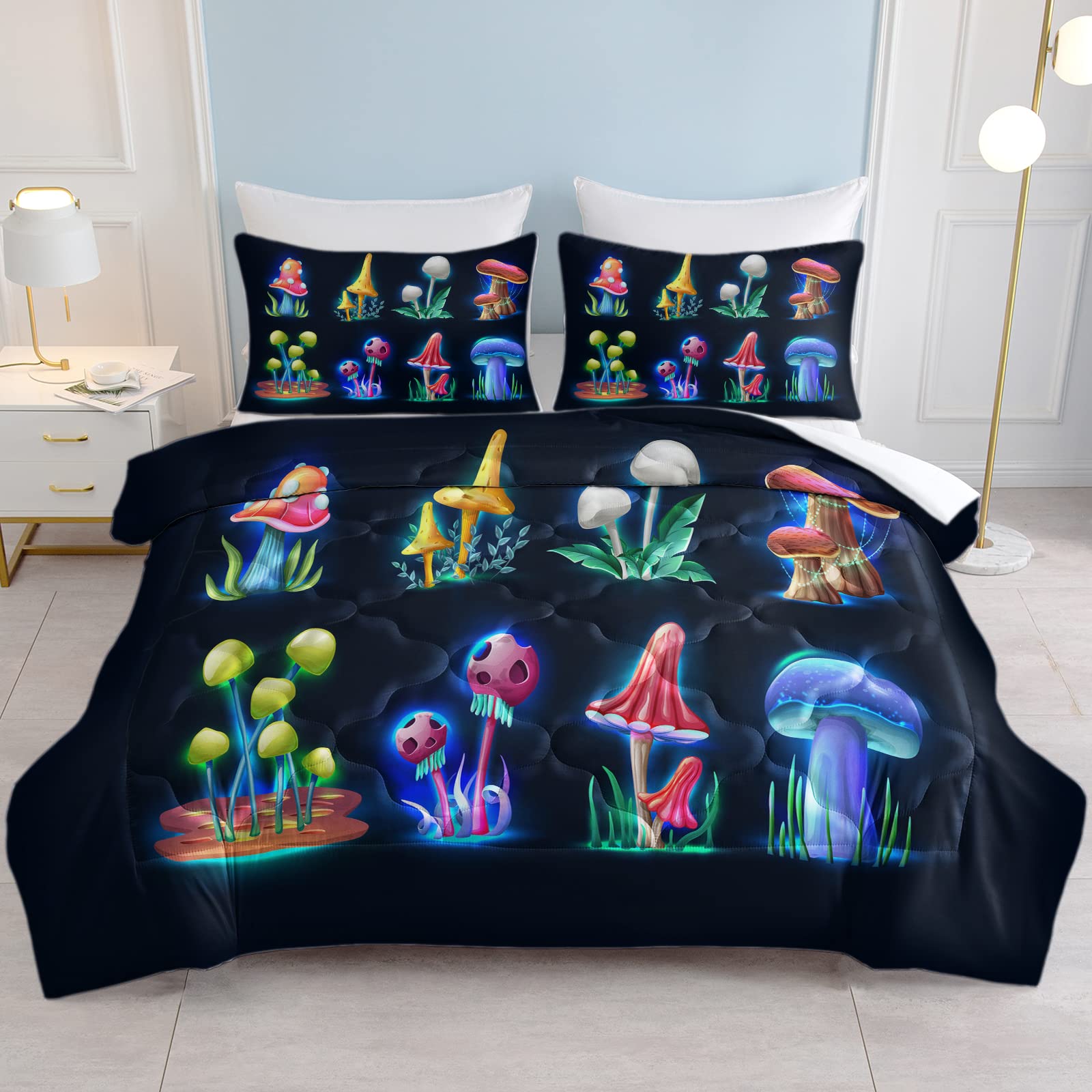 SOULZZZ Neon Mushroom Black Bedding Set - Psychedelic Trippy Vintage Fantasy Design with Botanical Plants - Queen Size Comforter & 2 Pillow Shams for Mushroom Room Decor - Perfect for Hippie, Boho, or Vintage Themed Bedrooms