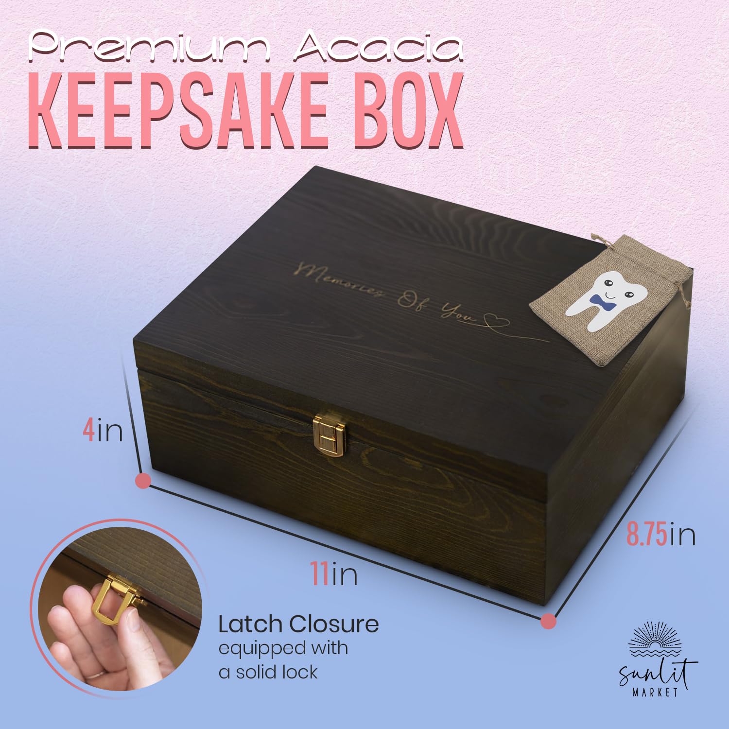 Wooden Baby Keepsake Box with Tooth Fairy Pouch & Secure Lock - Timeless Memory Storage Box for Newborns, Baby Boys & Girls - Perfect for Storing First Locks, Teeth, Photos & Milestones (Blue)