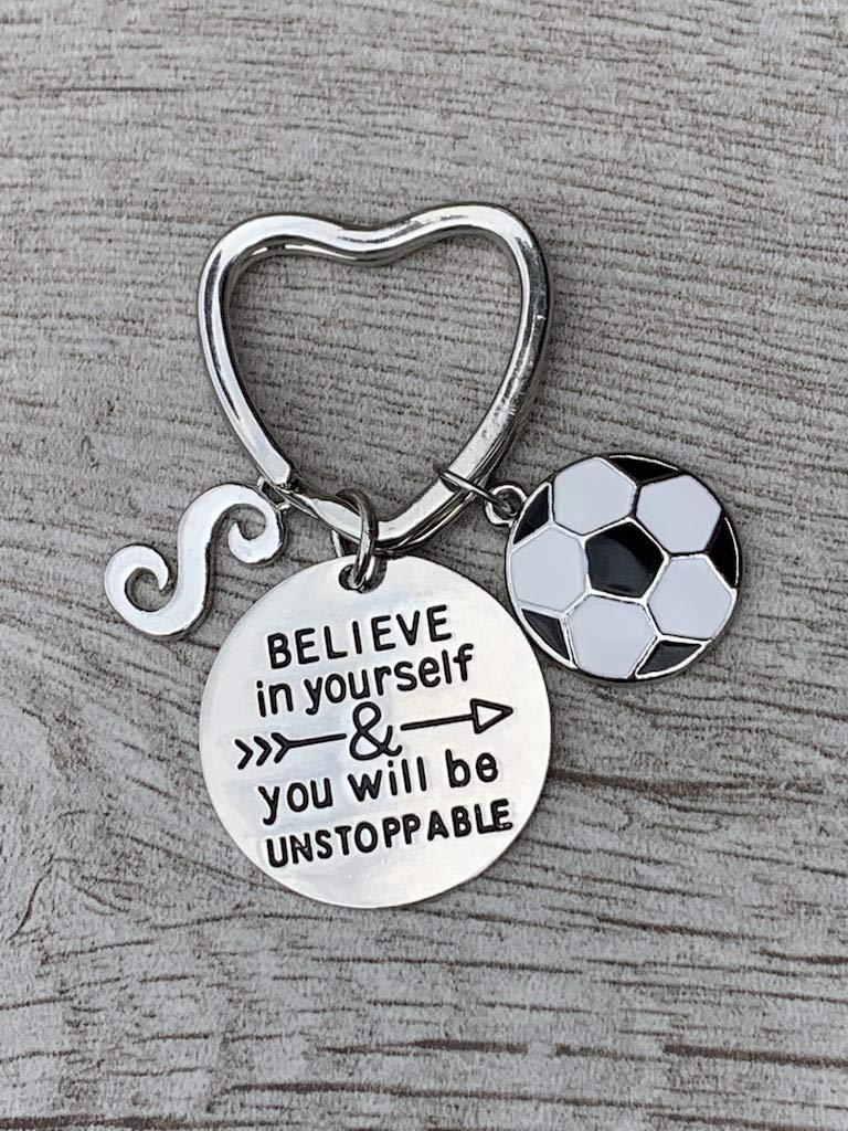 Custom White Soccer Initial Keychain - Unstoppable Motivational Gift for Soccer Players - Inspirational Believe in Yourself Keychain for Men & Women - Perfect for Team Gifts, Player Appreciation & Game Day Accessories