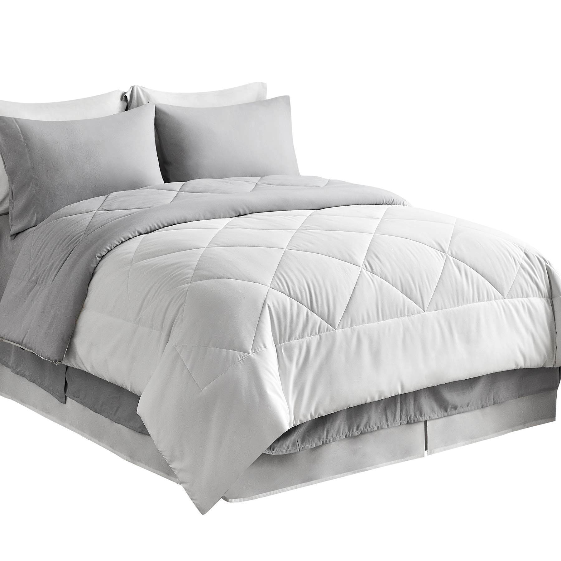8-Piece Reversible Comforter Bedding Set - 100% Cotton 500 GSM Queen Size (White/Gray) | Includes Comforter, Fitted Sheet, Flat Sheet, Pillow Shams, Pillow Cases & Pleated Bed Skirt | Ultra Soft & Breathable for All-Season Comfort - Perfect for Master Bedroom, Guest Room & Dorm Decor