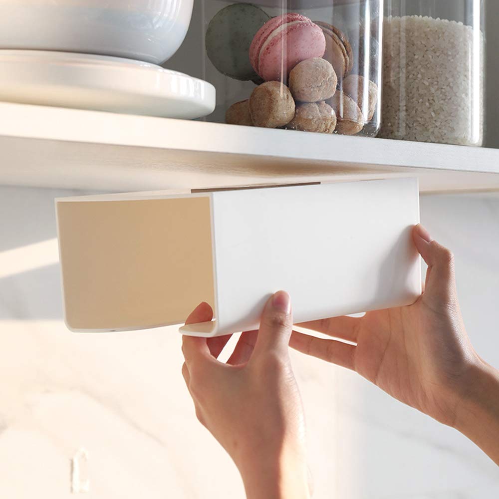 Self-Adhesive Wall Mounted Tissue Box Holder - Under Cabinet Kitchen Paper Storage Organizer, White - Perfect for Bathroom, Kitchen, Office & RV Use