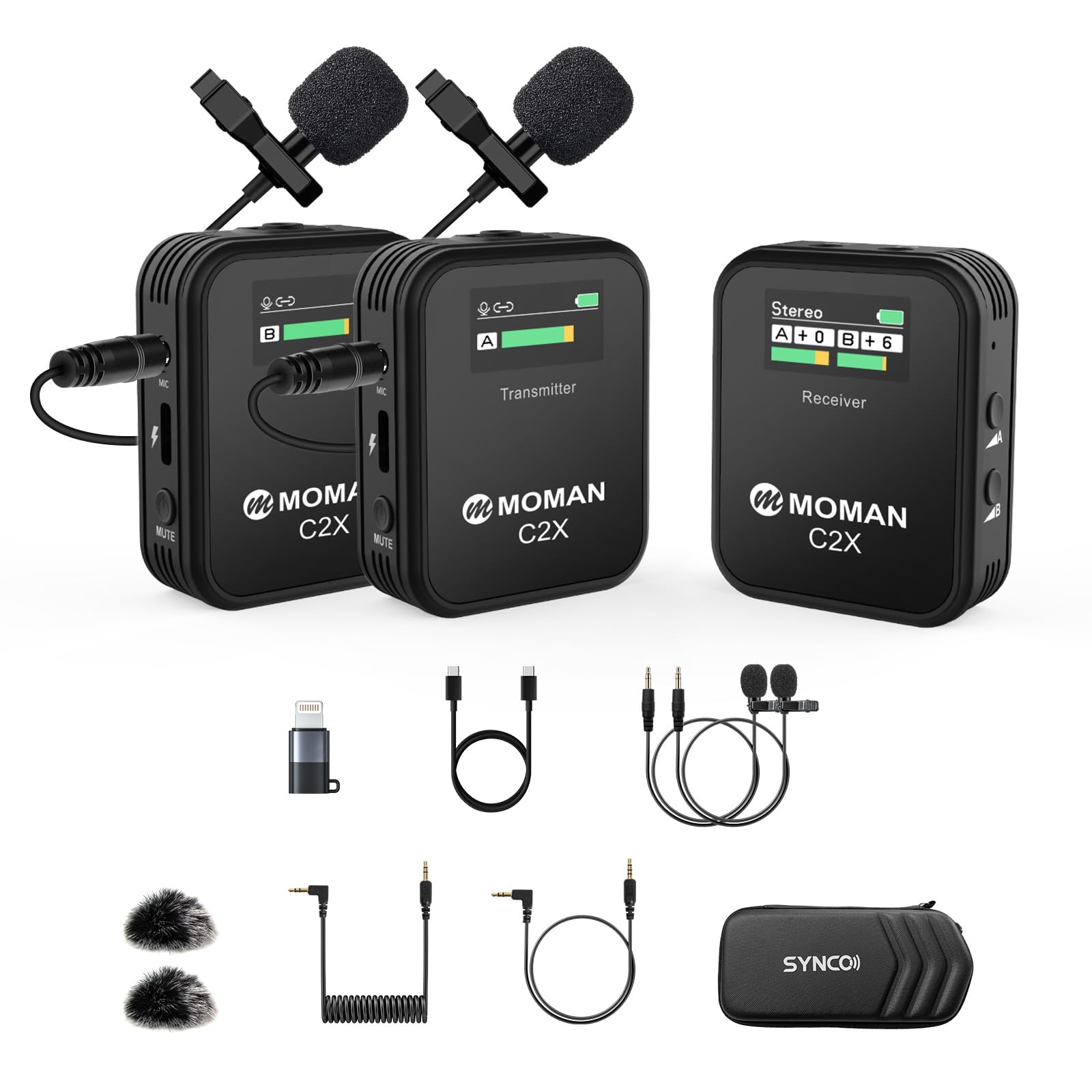 Professional Wireless Lavalier Microphone with TFT Screen - Moman C2X Clip-on Mic for DSLR, Camera, Smartphone, PC & Tablet (100m Range) - Perfect for Vlogging, Interviews, Live Streaming & Online Meetings