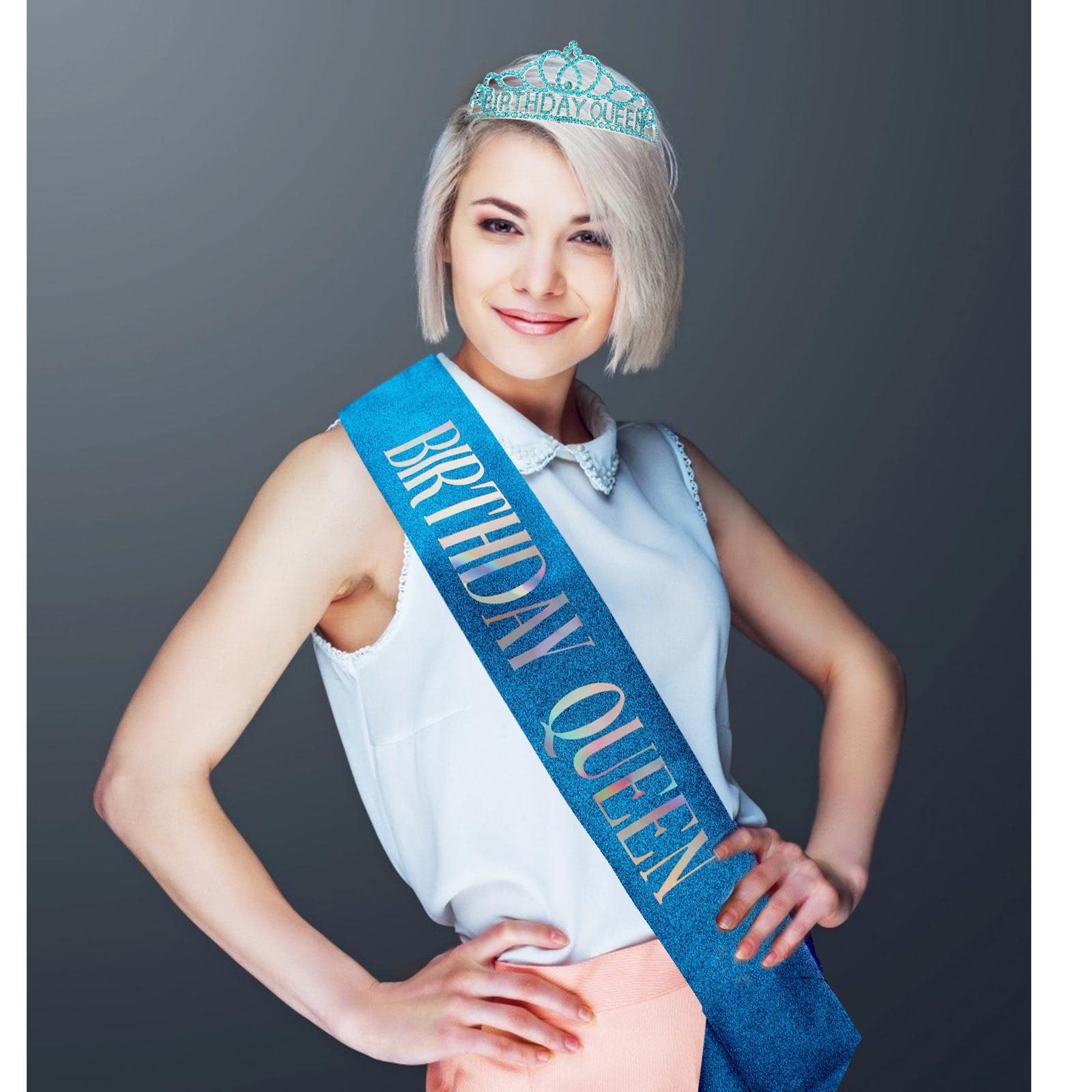 Blue Birthday Crown and Sash Set for Women - Elegant Queen Tiara & Sash for Birthday Party Decorations - Perfect for Birthday Celebrations, Bachelorette Parties & Special Events