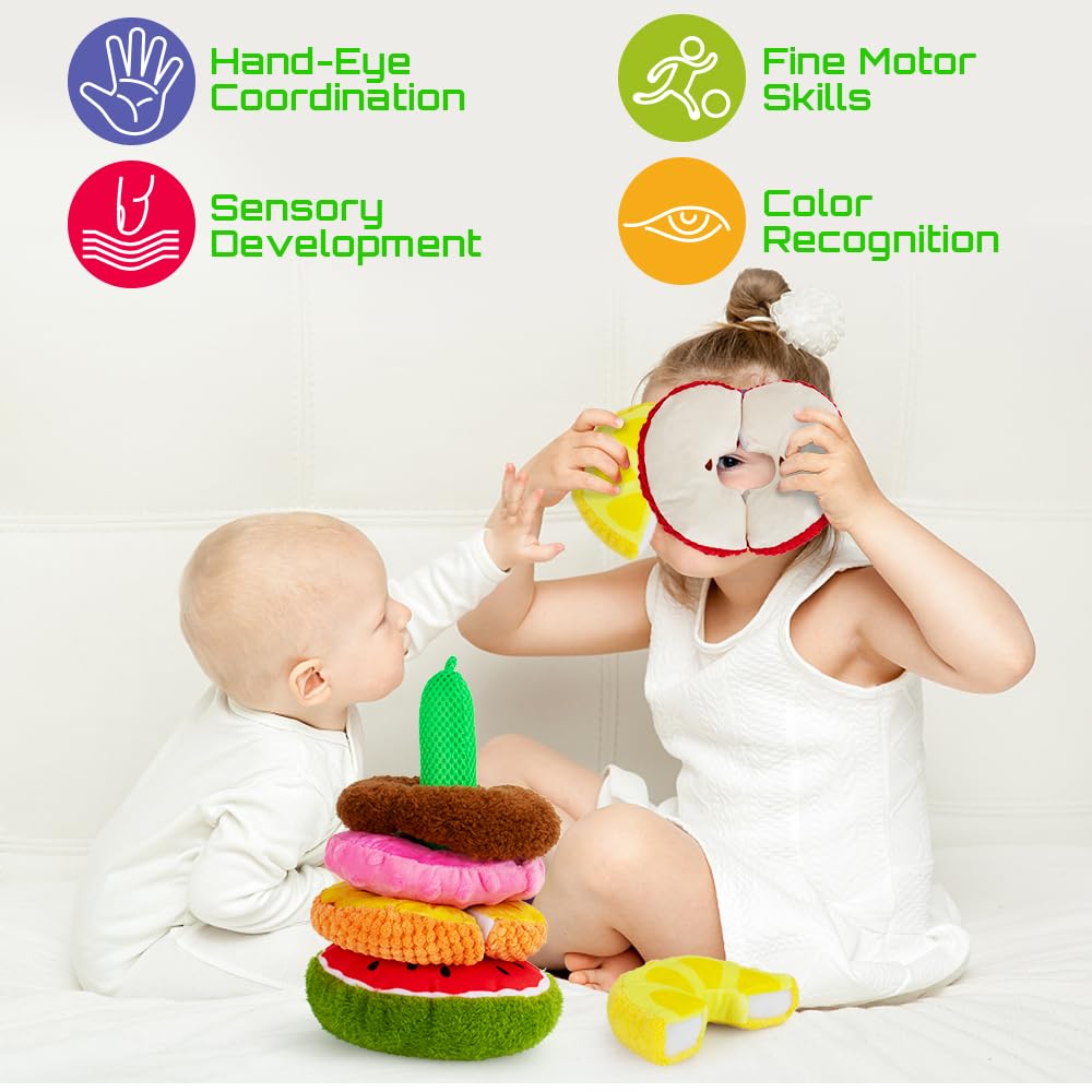 Beetoy Baby Stacking Toys - Sensory Fruit Toys for Toddlers with Different Textures, Crinkle & Squeakers | Preschool Learning Activities, Classroom Must-Haves | Perfect for Early Childhood Development & Montessori Play